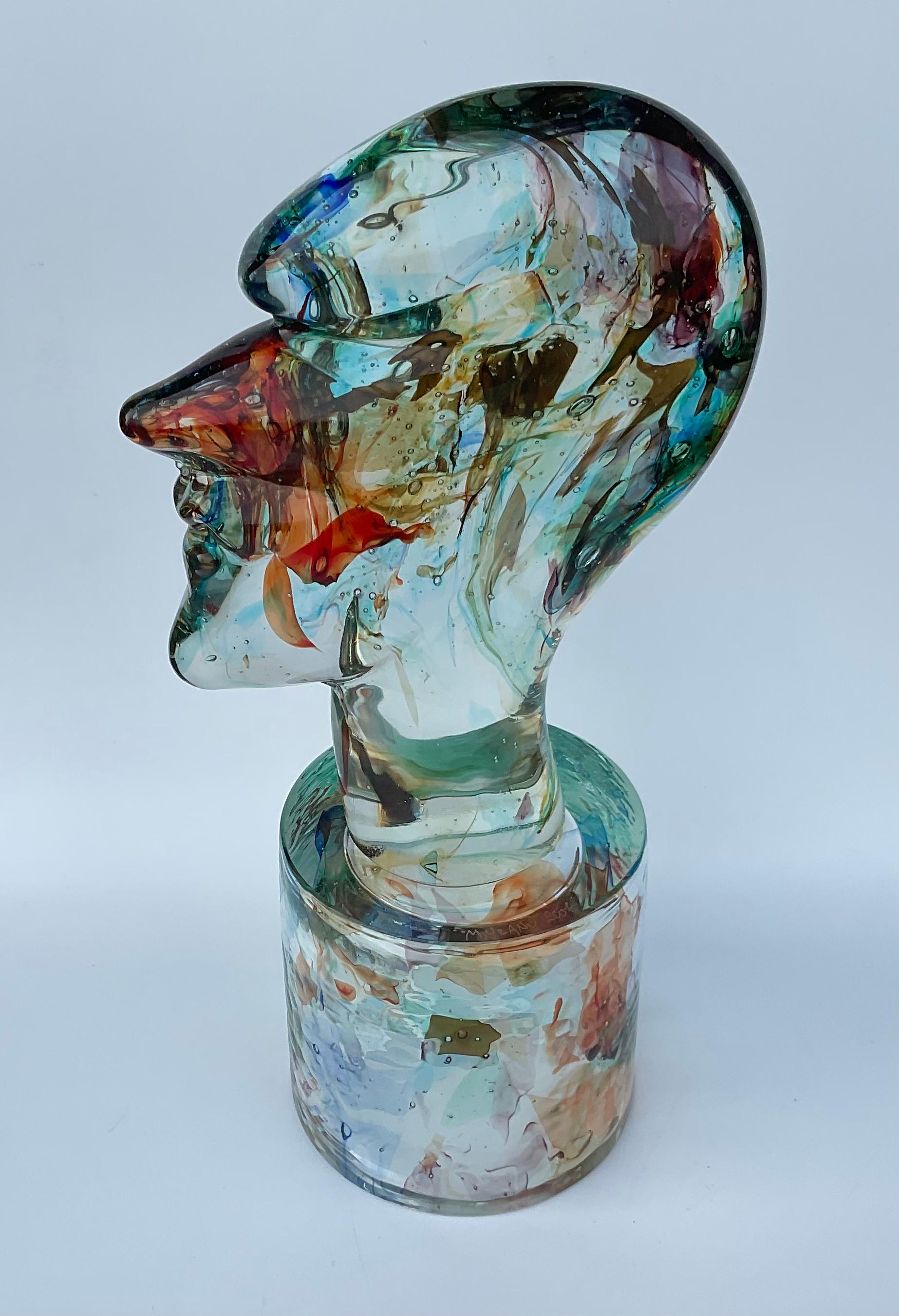 Verre d'art Sculpture de tête colorée en verre d'art de Murano sur socle signée et datée