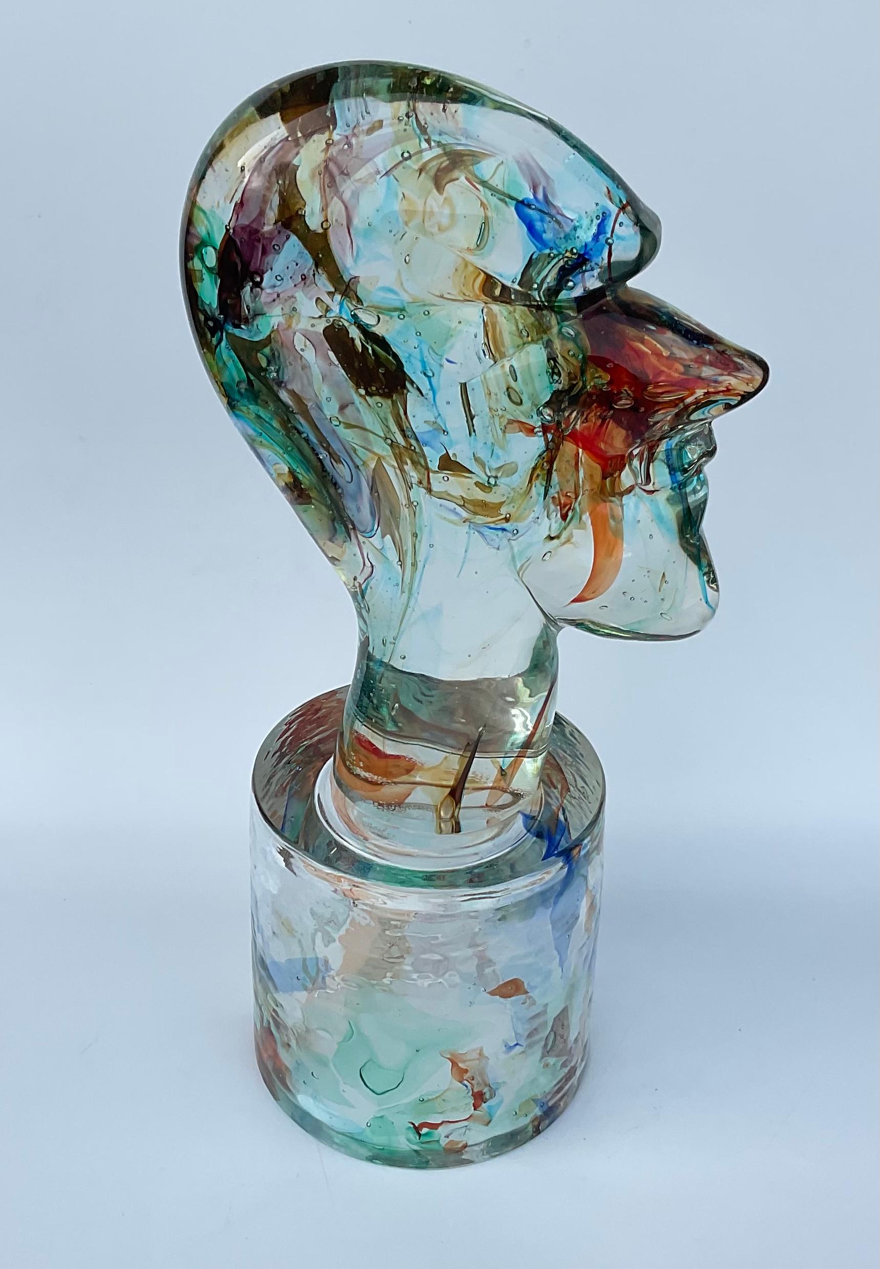 Sculpture de tête colorée en verre d'art de Murano sur socle signée et datée 1