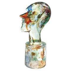 Sculpture de tête colorée en verre d'art de Murano sur socle signée et datée