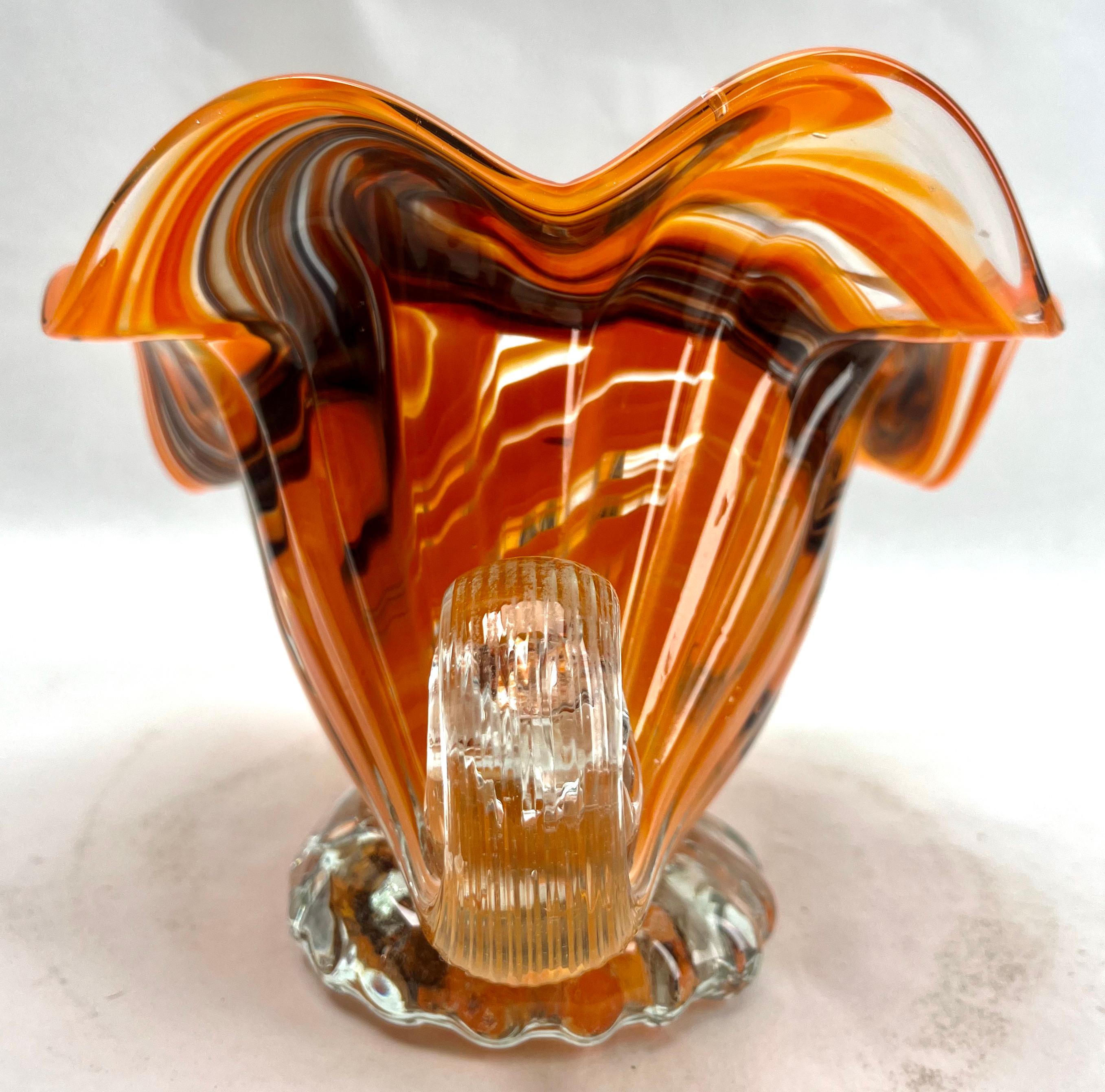 A stunning piece of art! The shape and the colour are fantastic. 
Handblown glass. 
Excellent condition. 
Elegant large Murano handblown pink opalescent art glass cornucopia flower basket.
In style of Archimede Seguso

This biomorphic Murano glass