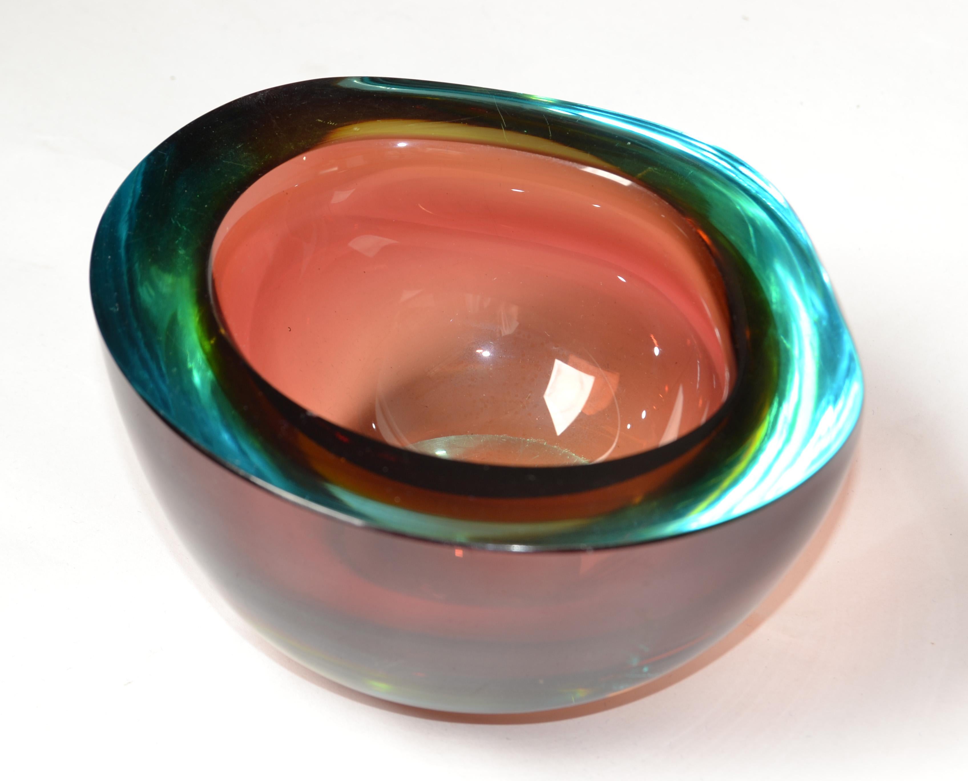 Mid-Century Modern Murano Art Glass Dark Green Amber Purple Blown Glass Catchall Bowl Italy 1960