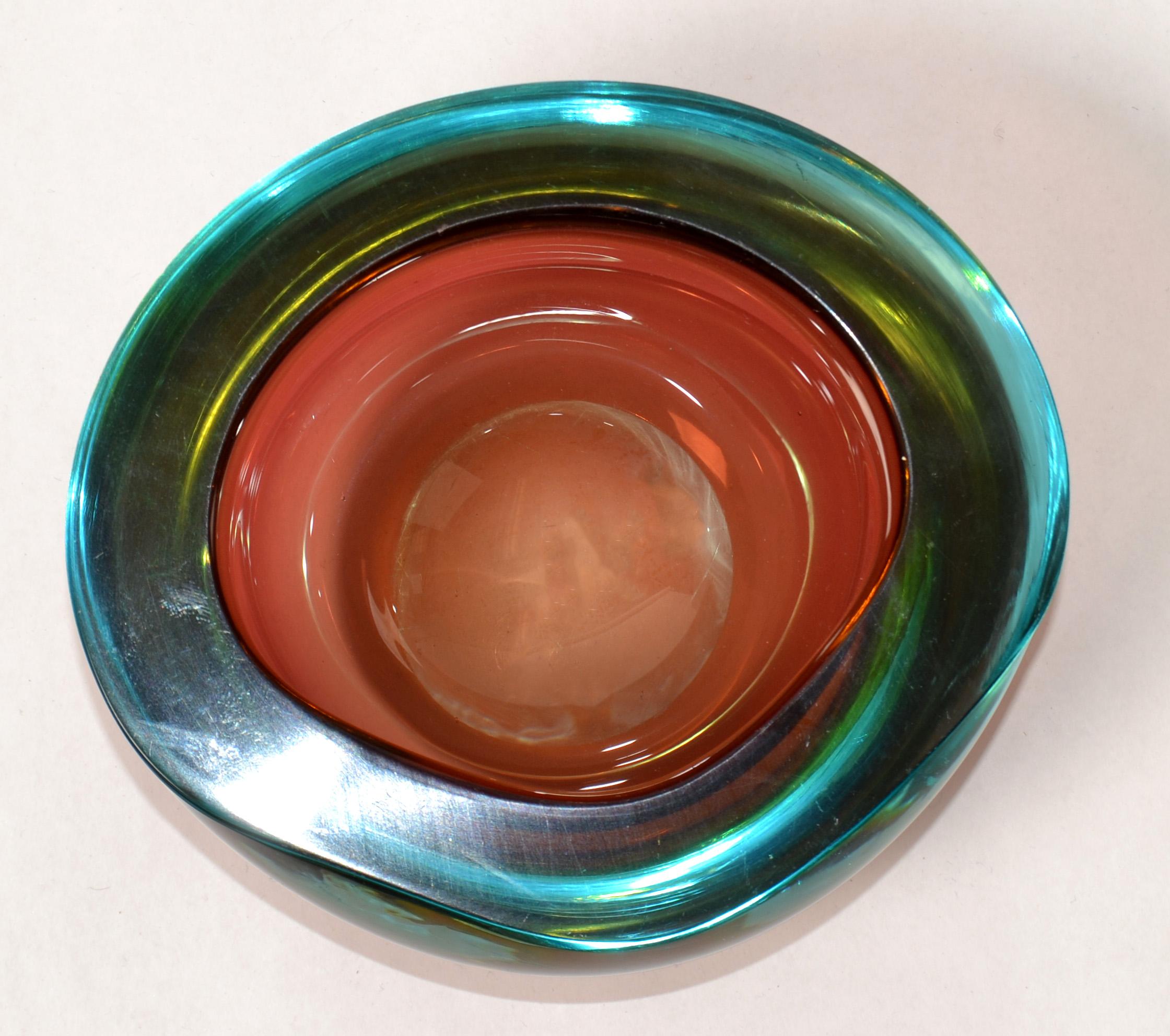 Murano Art Glass Dark Green Amber Purple Blown Glass Catchall Bowl Italy 1960 1