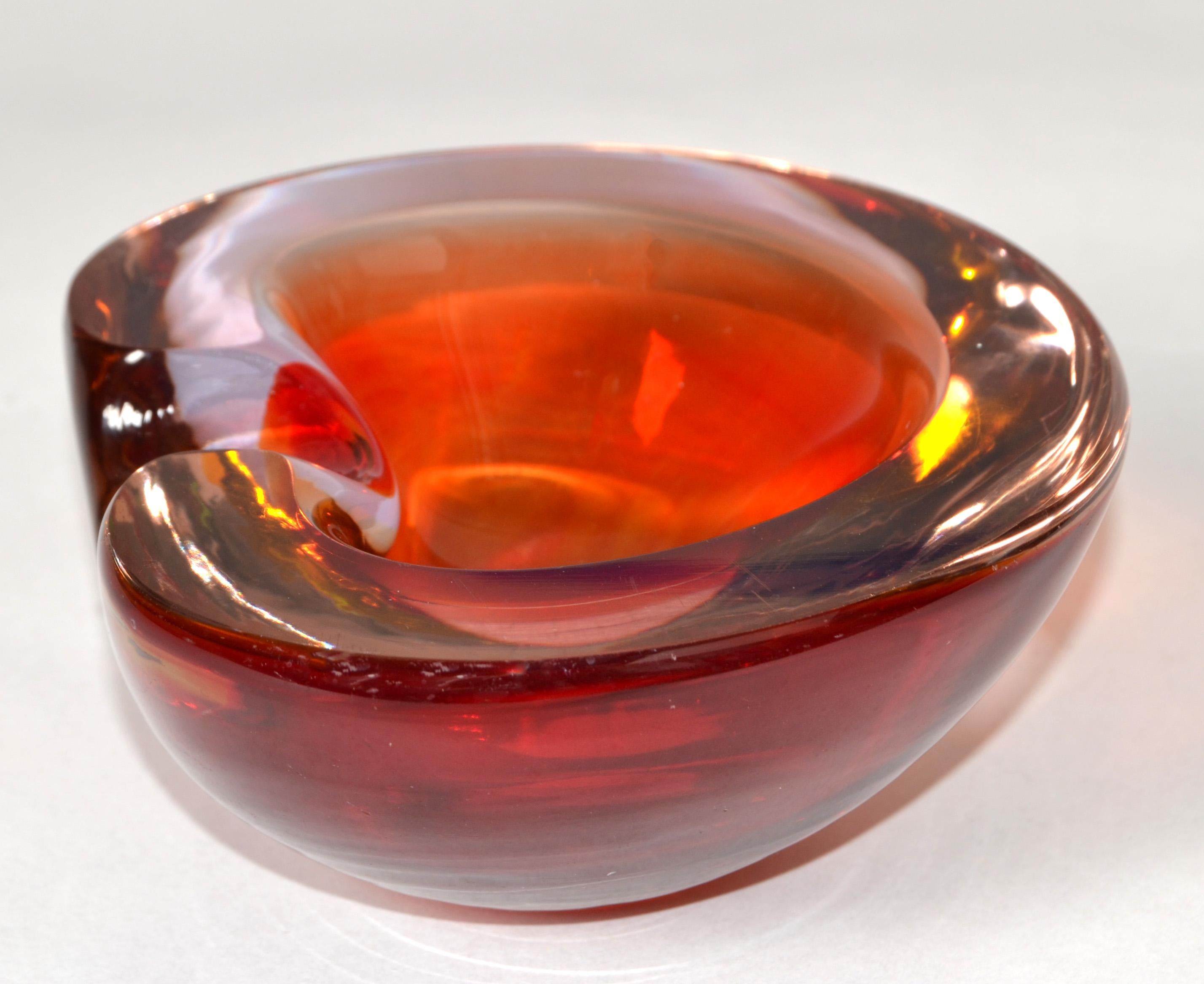 Murano Art Glass Dark Orange Amber Red Clear Blown Glass Catchall Bowl Italy 70s For Sale 3