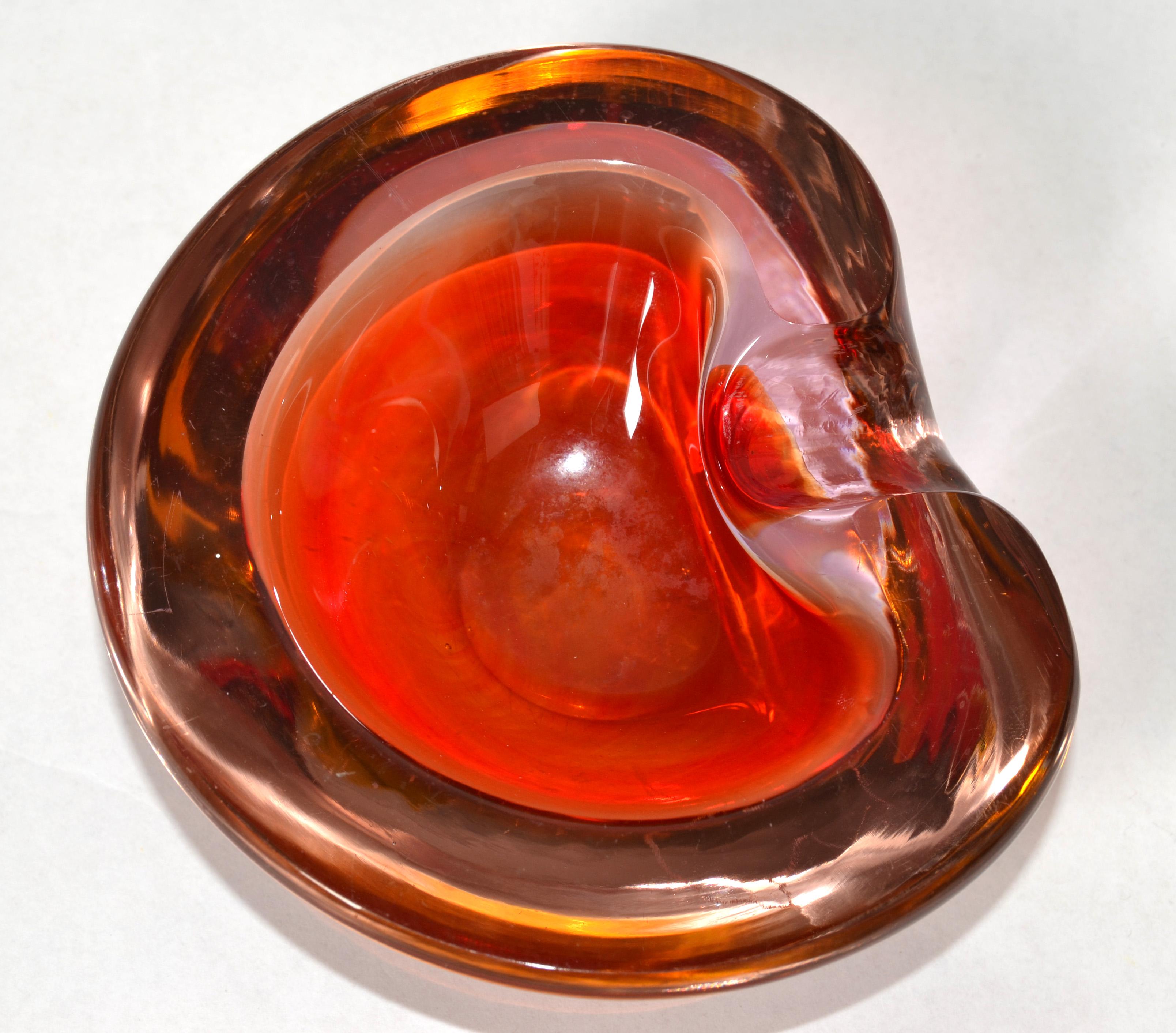 Murano Art Glass Dark Orange Amber Red Clear Blown Glass Catchall Bowl Italy 70s For Sale 4