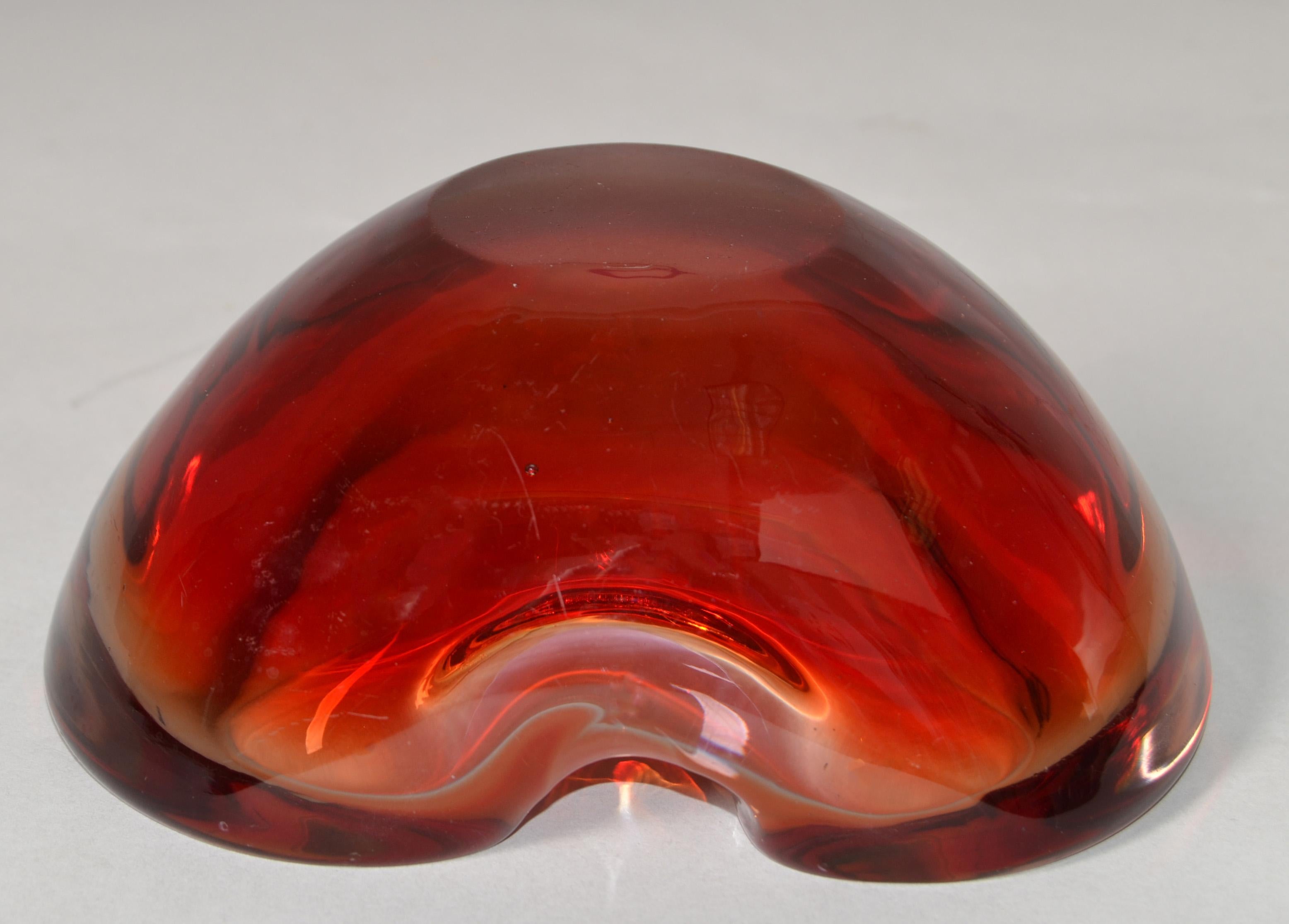 Murano Art Glass Dark Orange Amber Red Clear Blown Glass Catchall Bowl Italy 70s For Sale 5