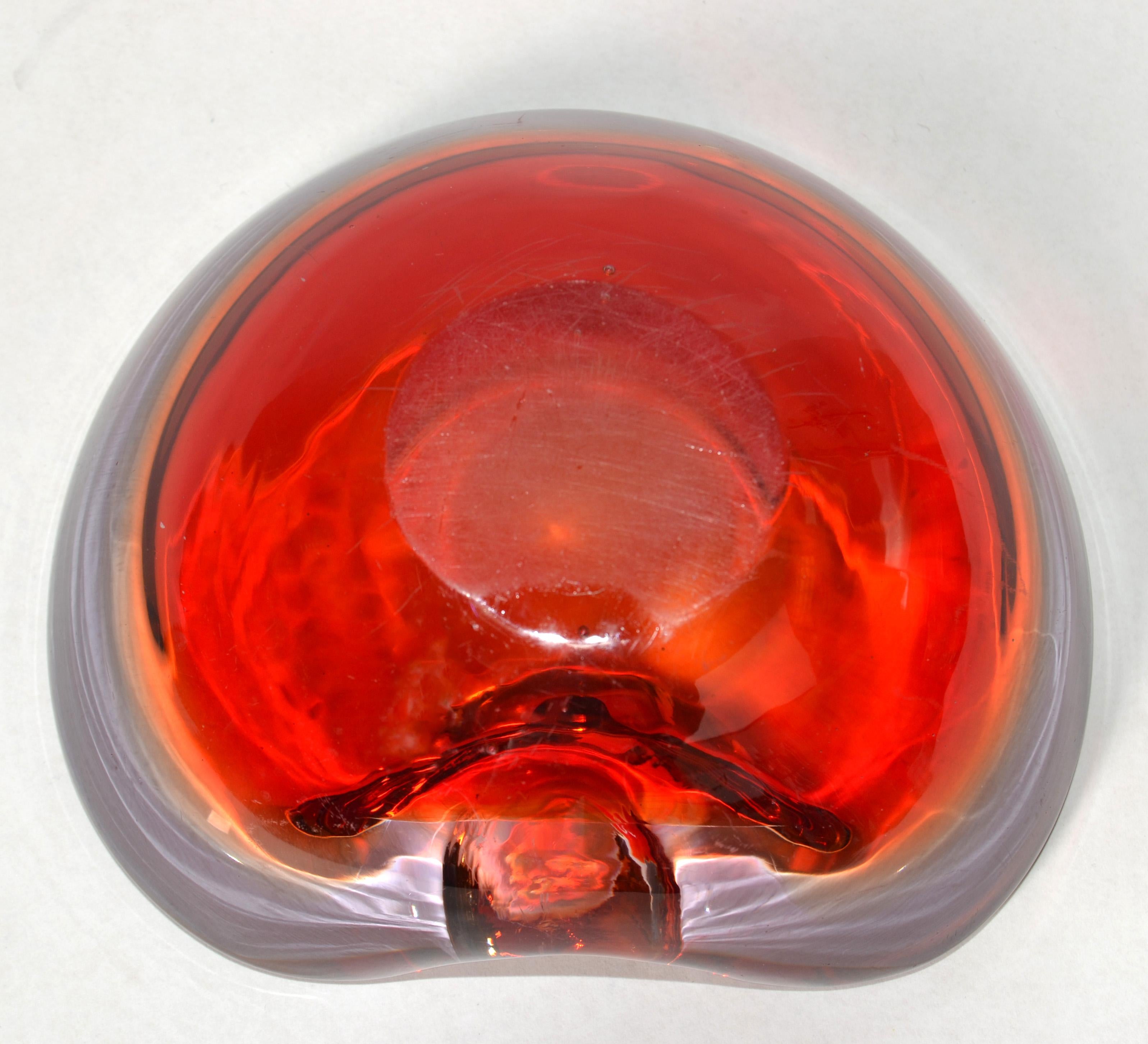 Murano Art Glass Dark Orange Amber Red Clear Blown Glass Catchall Bowl Italy 70s For Sale 6