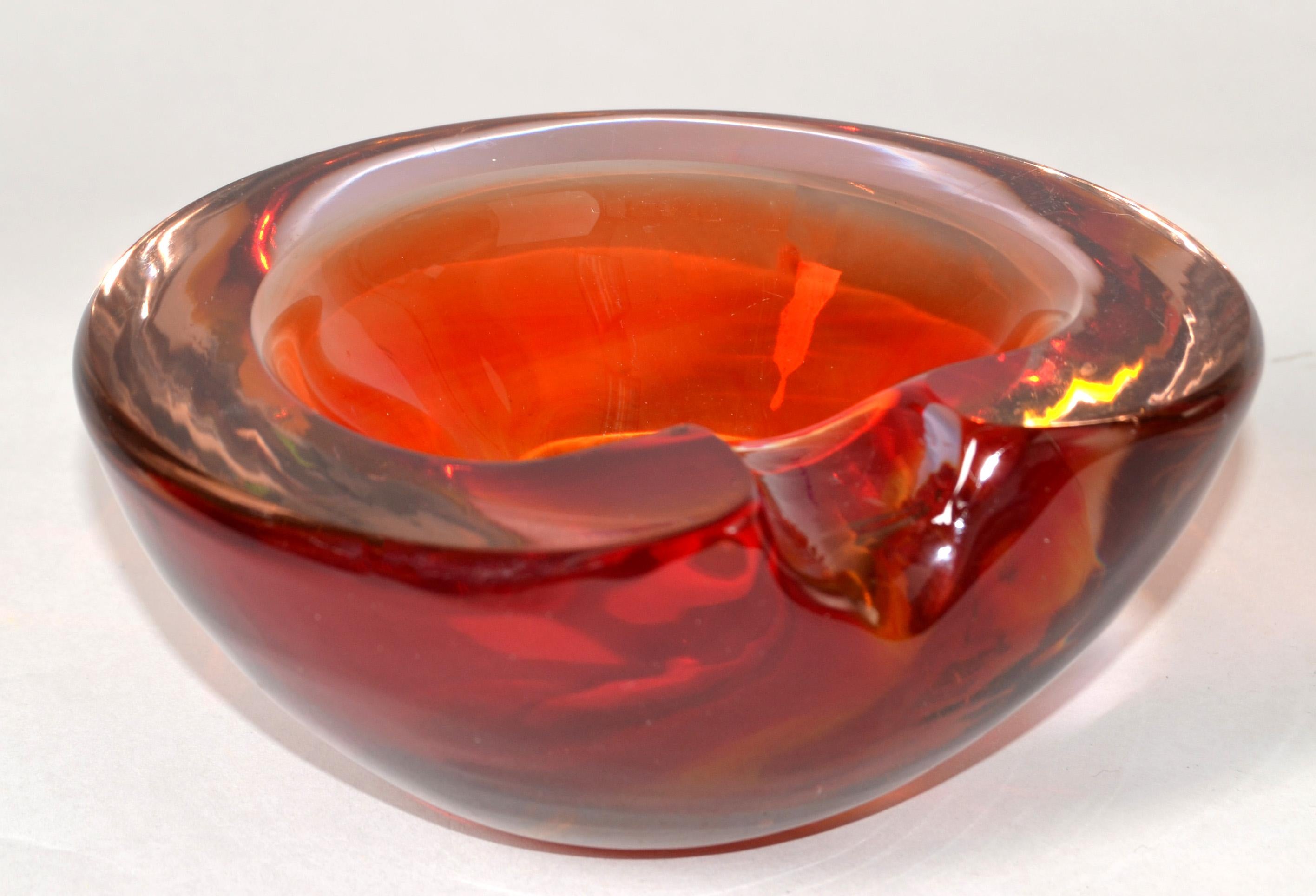 Murano Art Glass Dark Orange Amber Red Clear Blown Glass Catchall Bowl Italy 70s For Sale 7