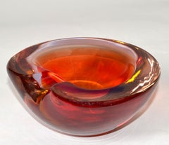Murano Art Glass Dark Orange Amber Red Clear Blown Glass Catchall Bowl Italy 70s