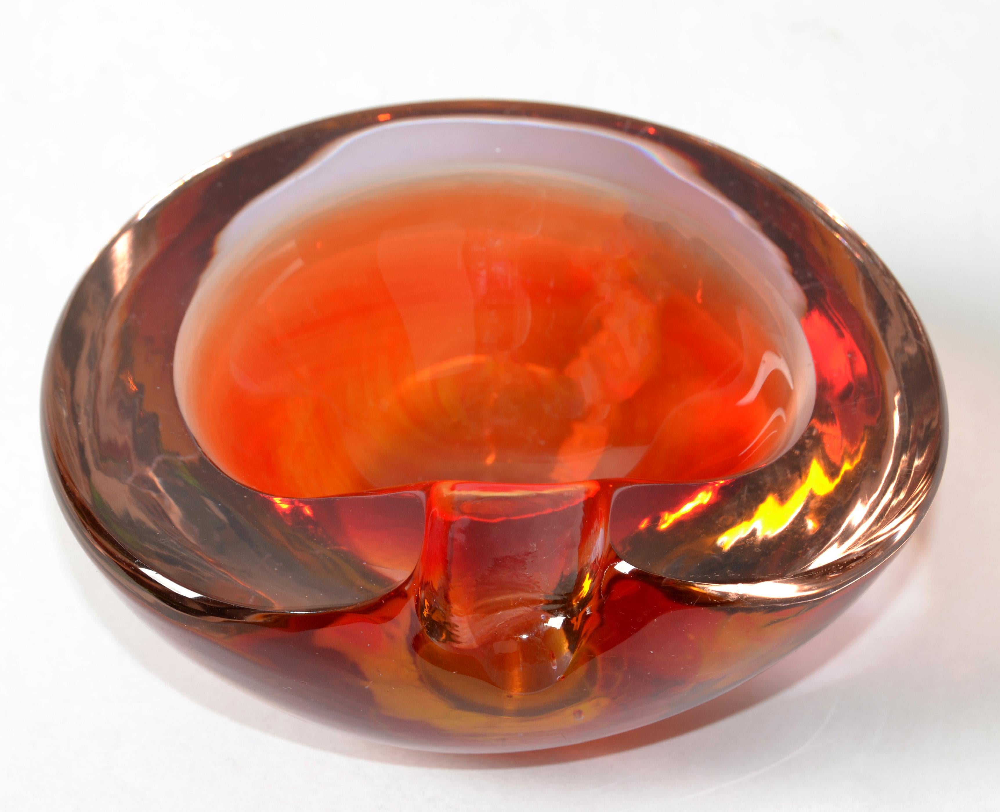 Italian Murano Art Glass Dark Orange Amber Red Clear Blown Glass Catchall Bowl Italy 70s For Sale