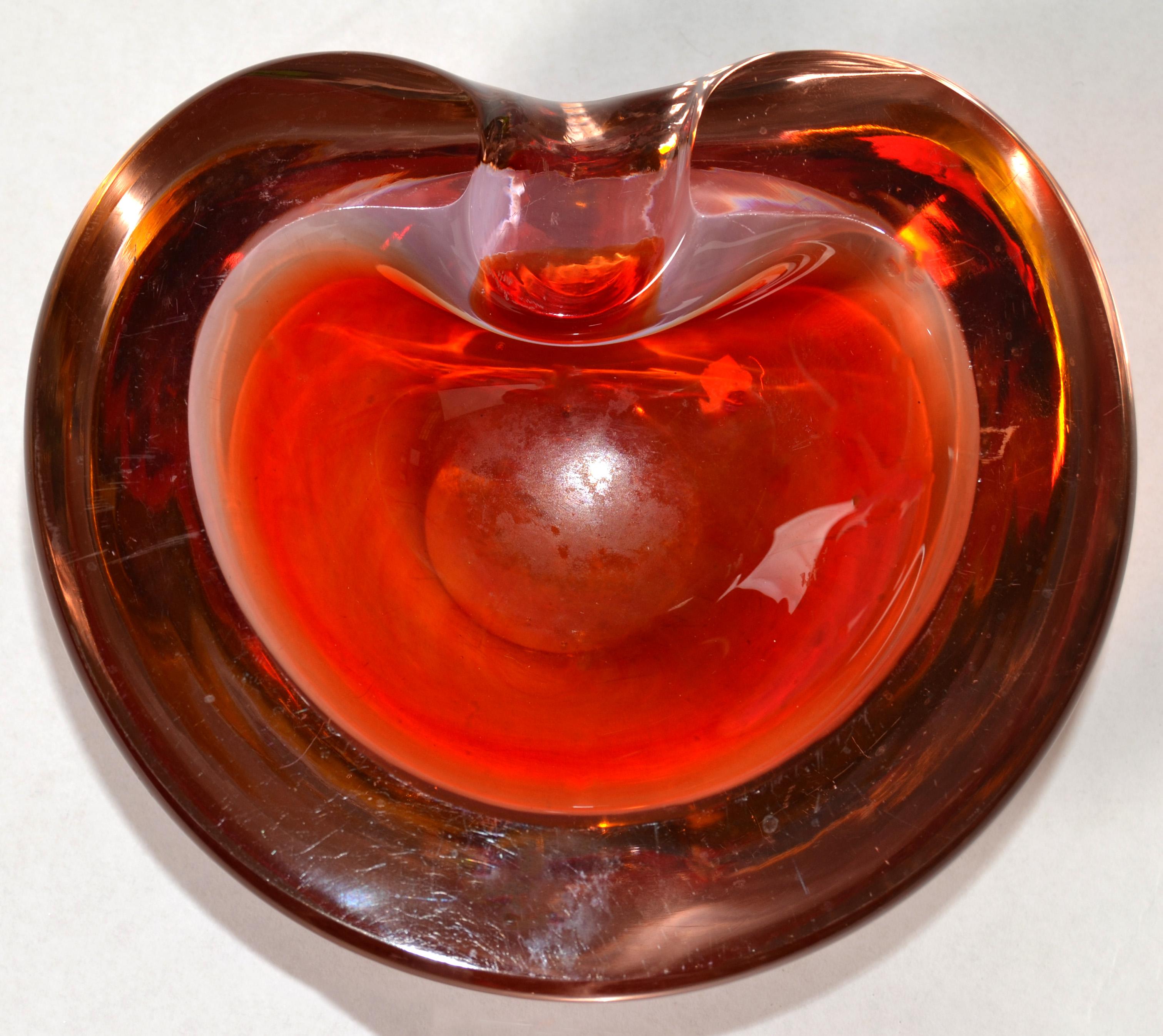 Hand-Crafted Murano Art Glass Dark Orange Amber Red Clear Blown Glass Catchall Bowl Italy 70s For Sale