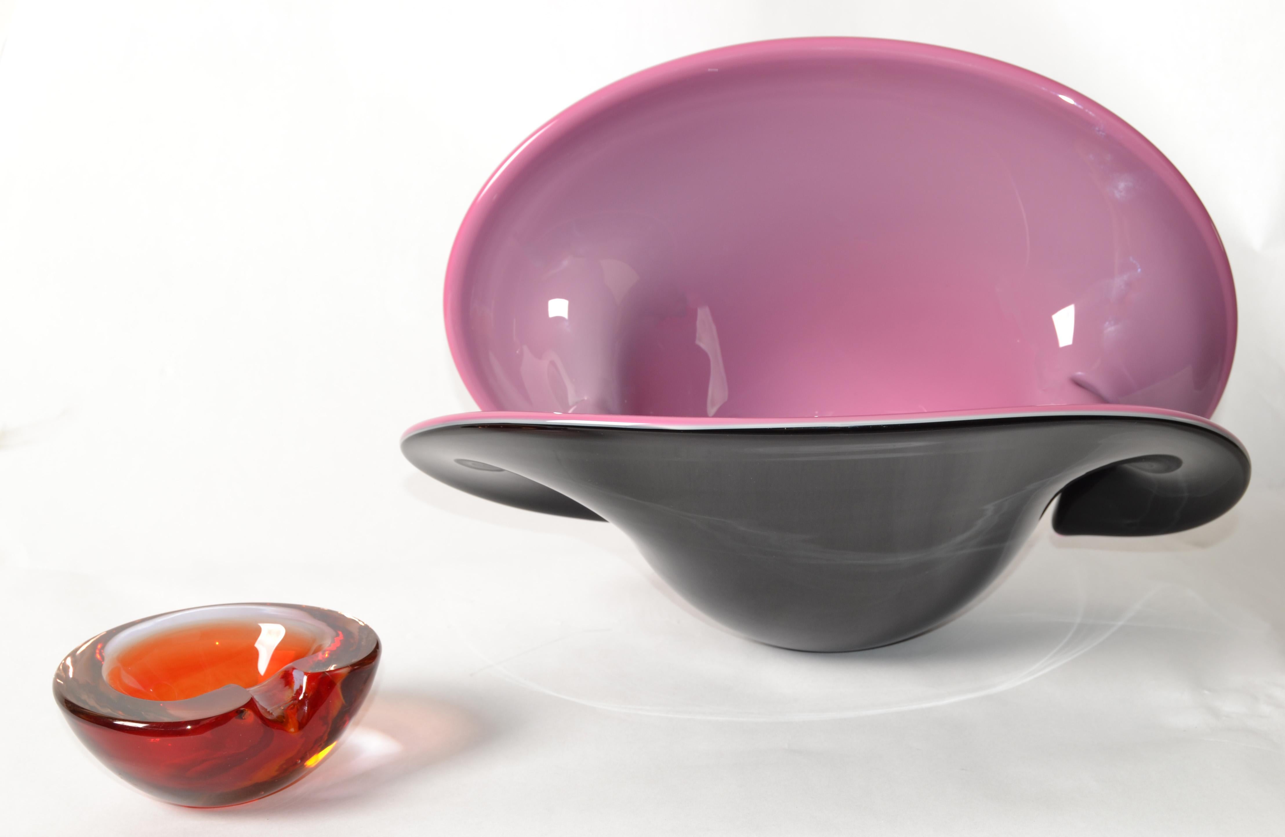 Murano Art Glass Dark Orange Amber Red Clear Blown Glass Catchall Bowl Italy 70s For Sale 1