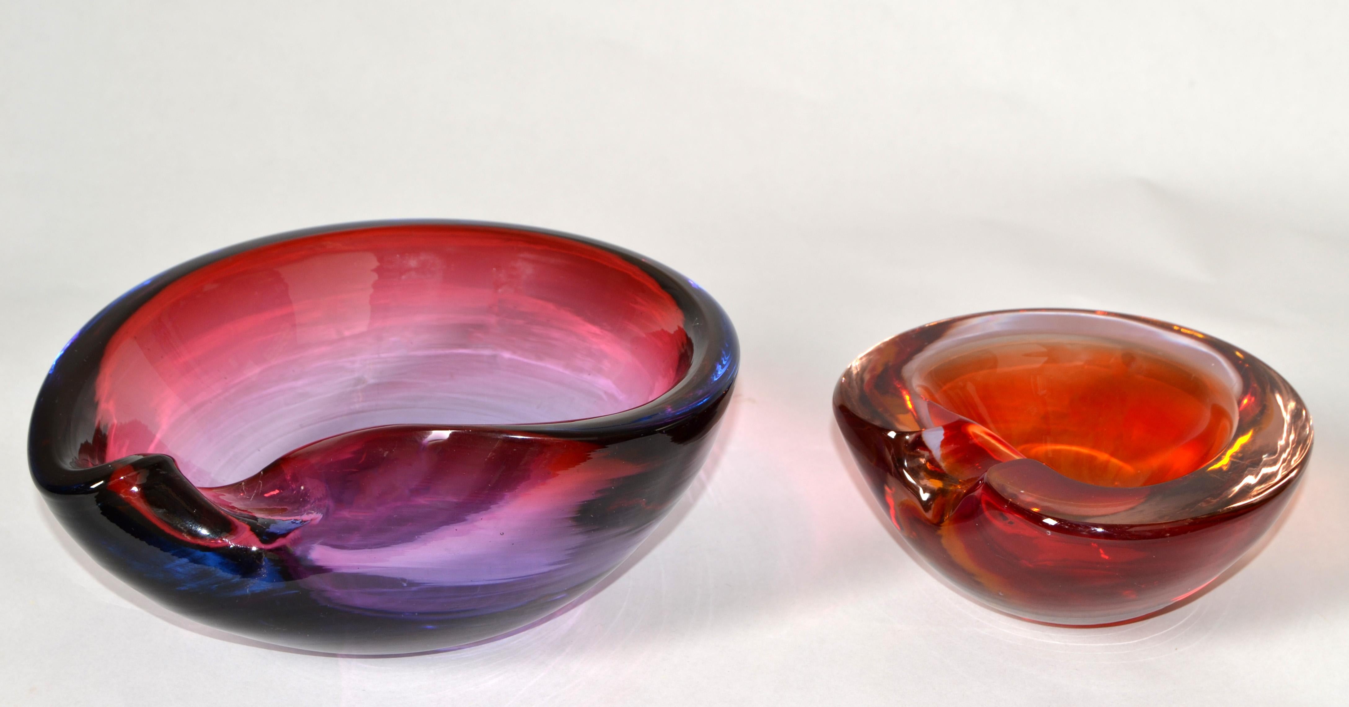 Murano Art Glass Dark Orange Amber Red Clear Blown Glass Catchall Bowl Italy 70s For Sale 2