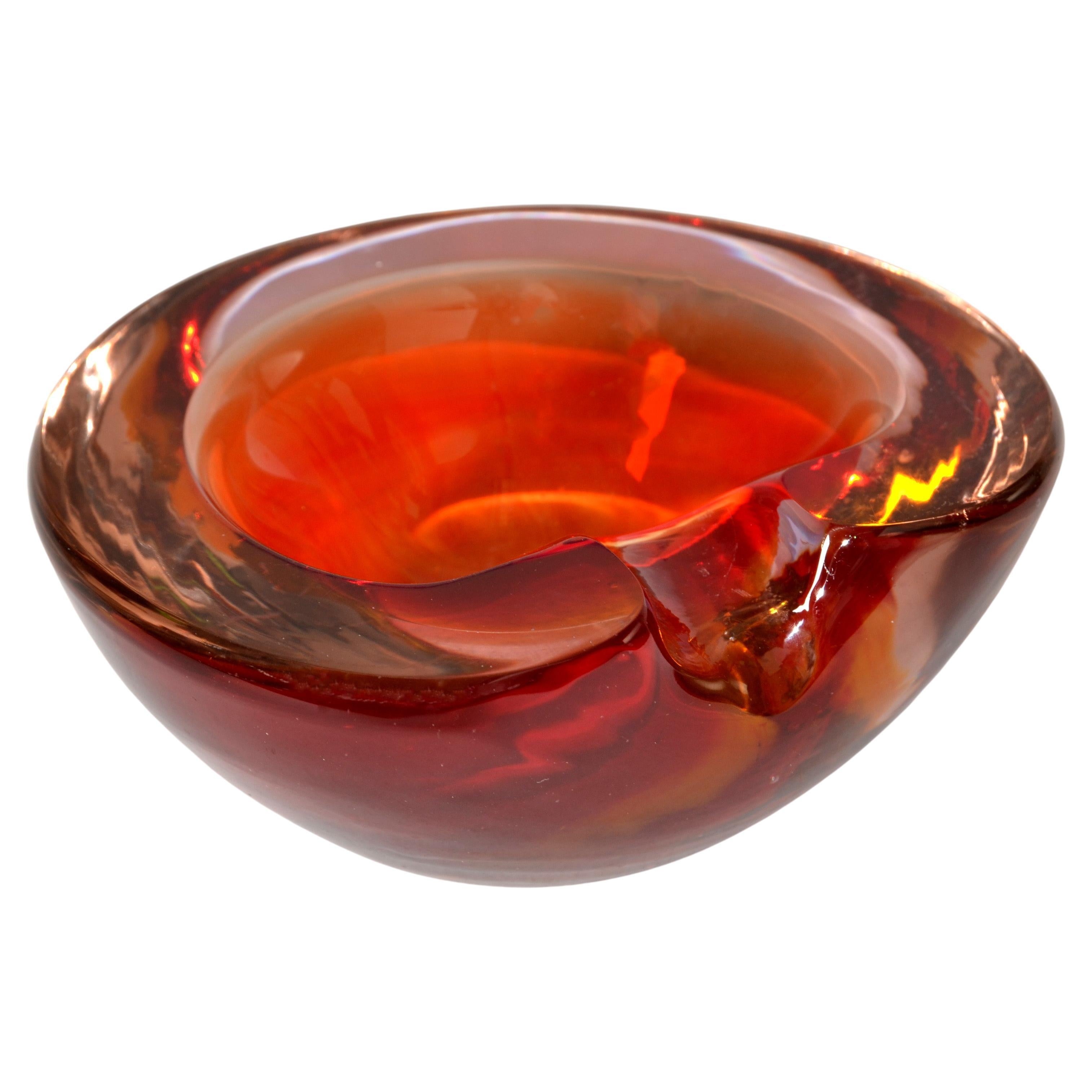 Murano Art Glass Dark Orange Amber Red Clear Blown Glass Catchall Bowl Italy 70s For Sale