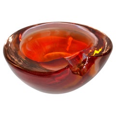 Murano Art Glass Dark Orange Amber Red Clear Blown Glass Catchall Bowl Italy 70s