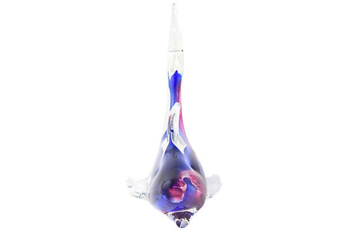 Murano hand blown glass dolphin with blue and pink accents. Signed 