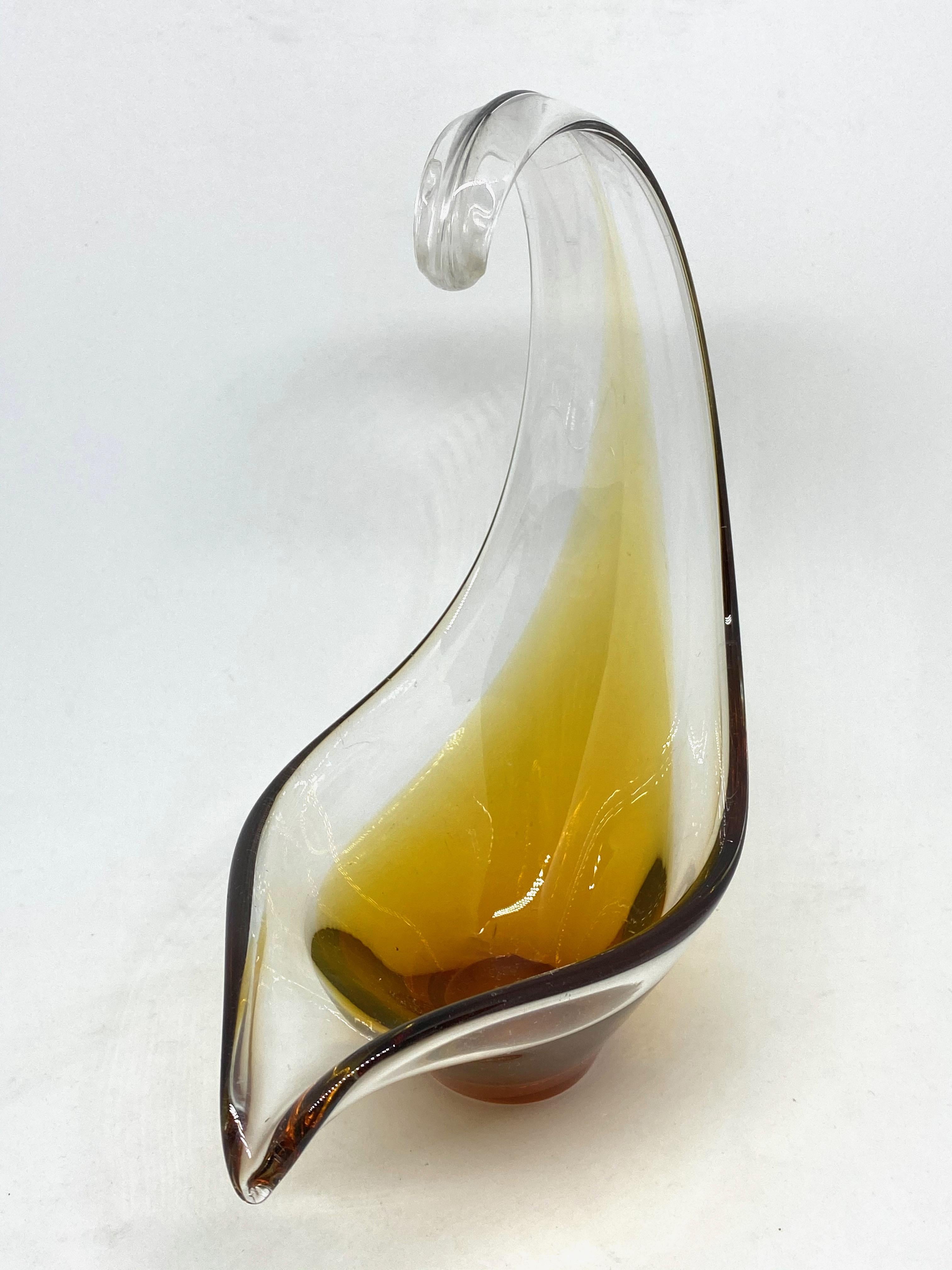 Fin du 20e siècle Bol à alimentation attrape-tout en verre d'art de Murano ambré et transparent Vintage, Italie, 1970 en vente