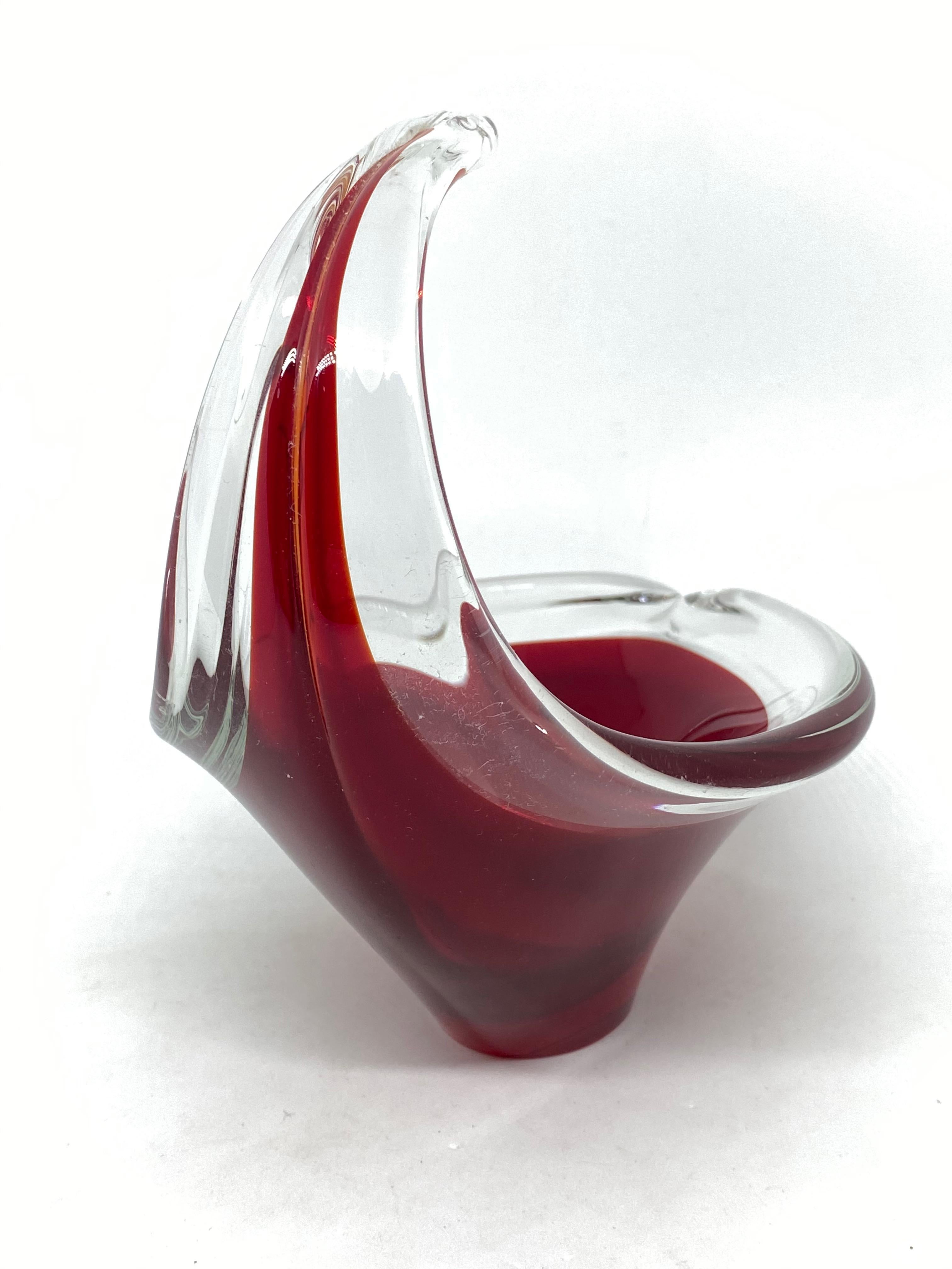 Italian Murano Art Glass Finger Food Bowl Catchall Red and Clear Vintage, Italy, 1970s For Sale