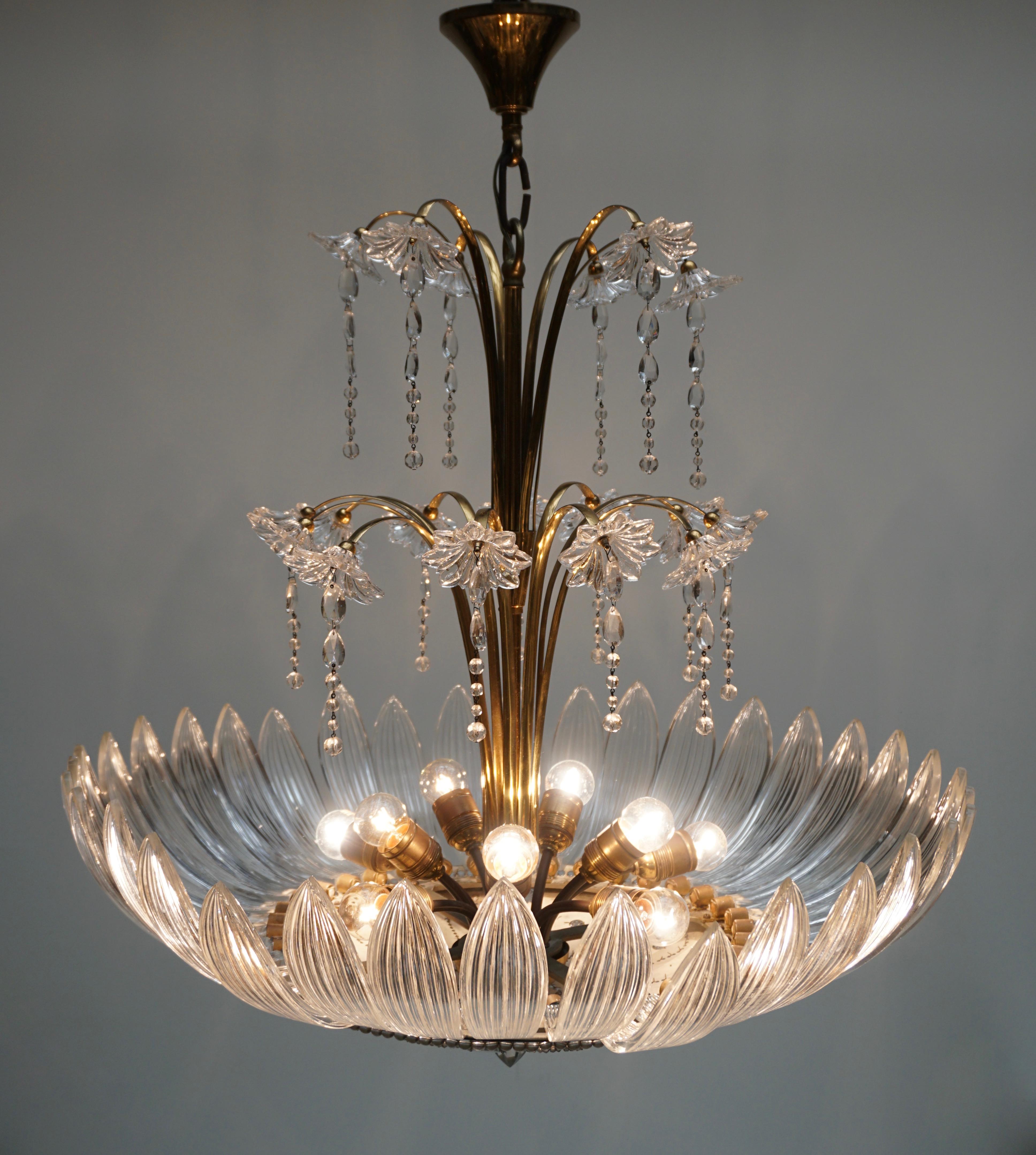 Murano Art Glass Flower Leaves and Brass Chandelier In Good Condition In Antwerp, BE