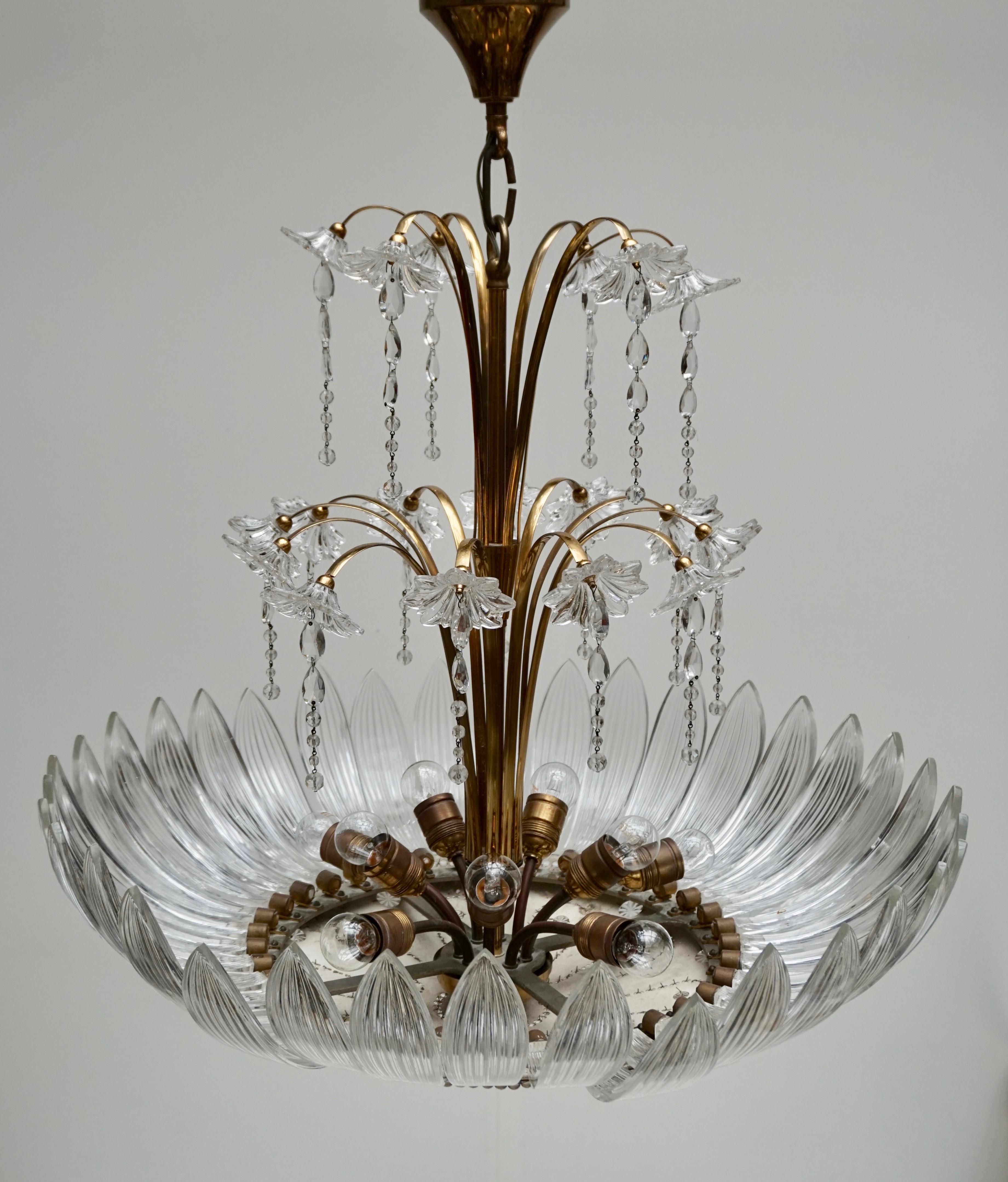 20th Century Murano Art Glass Flower Leaves and Brass Chandelier