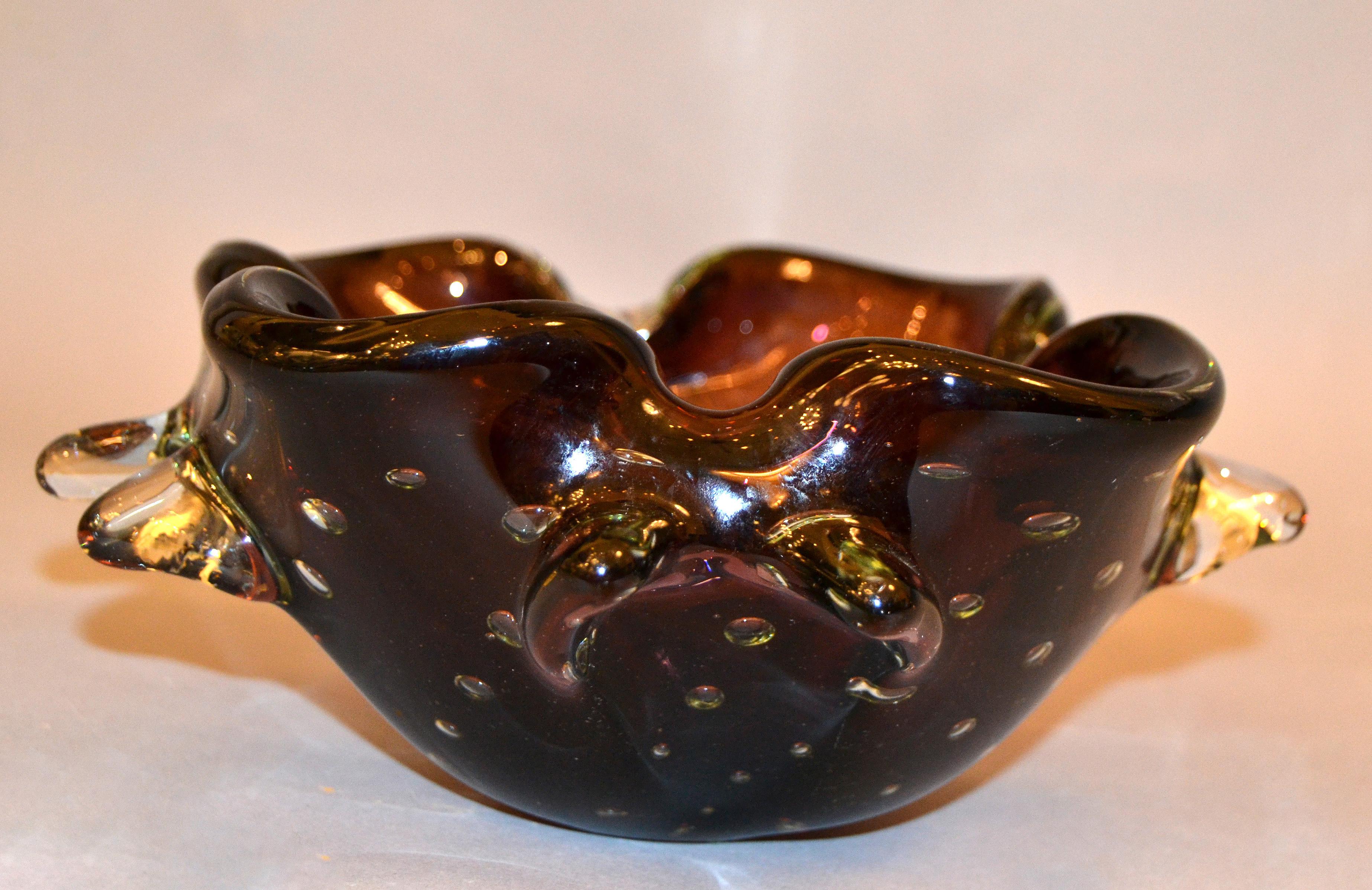 Mid-Century Modern Murano Art Glass Freeform Brown, Clear & Green Blown Glass Catchall, Bowl Italy