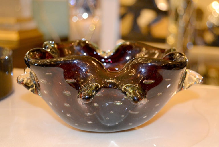 Italian Murano Art Glass Freeform Brown, Clear & Green Blown Glass Catchall, Bowl Italy