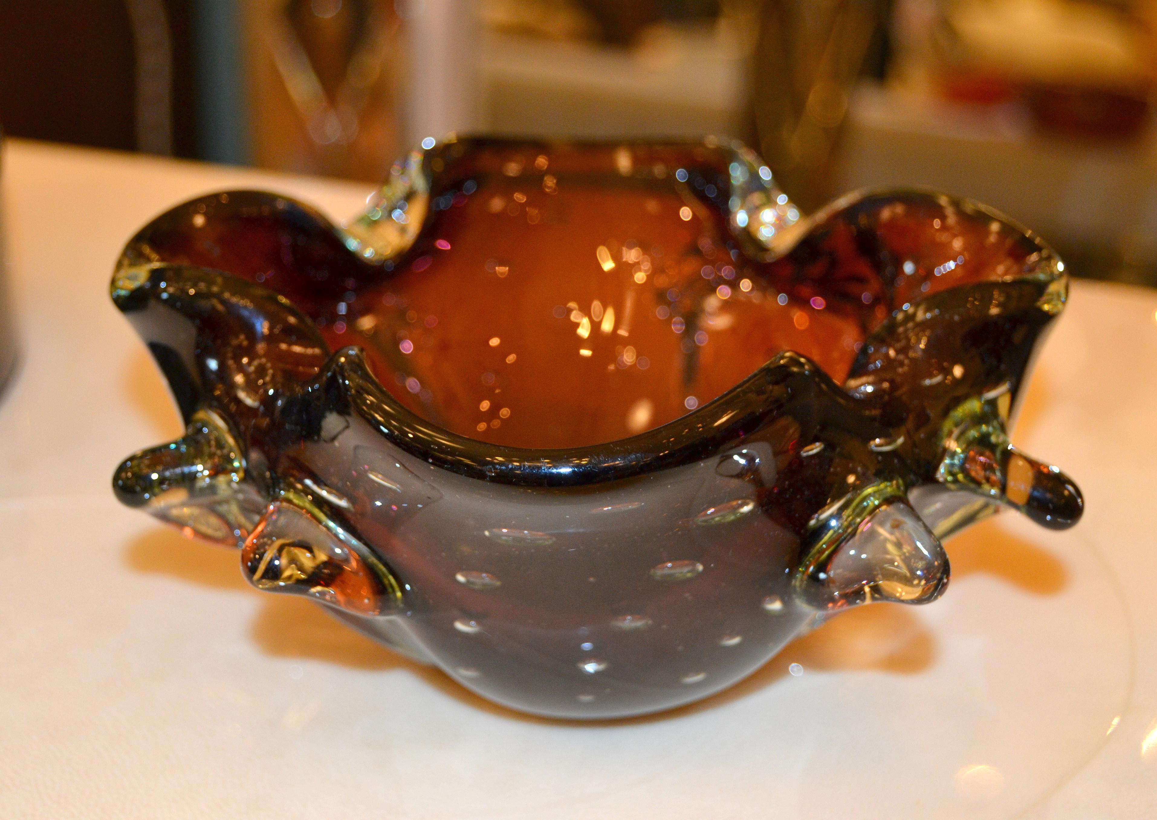 Hand-Crafted Murano Art Glass Freeform Brown, Clear & Green Blown Glass Catchall, Bowl Italy