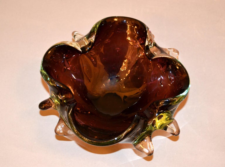 Murano Art Glass Freeform Brown, Clear & Green Blown Glass Catchall, Bowl Italy In Good Condition In Miami, FL