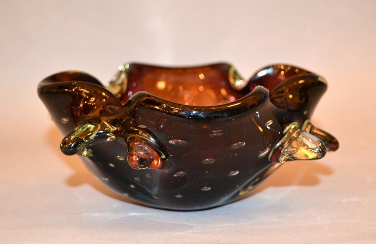 Late 20th Century Murano Art Glass Freeform Brown, Clear & Green Blown Glass Catchall, Bowl Italy
