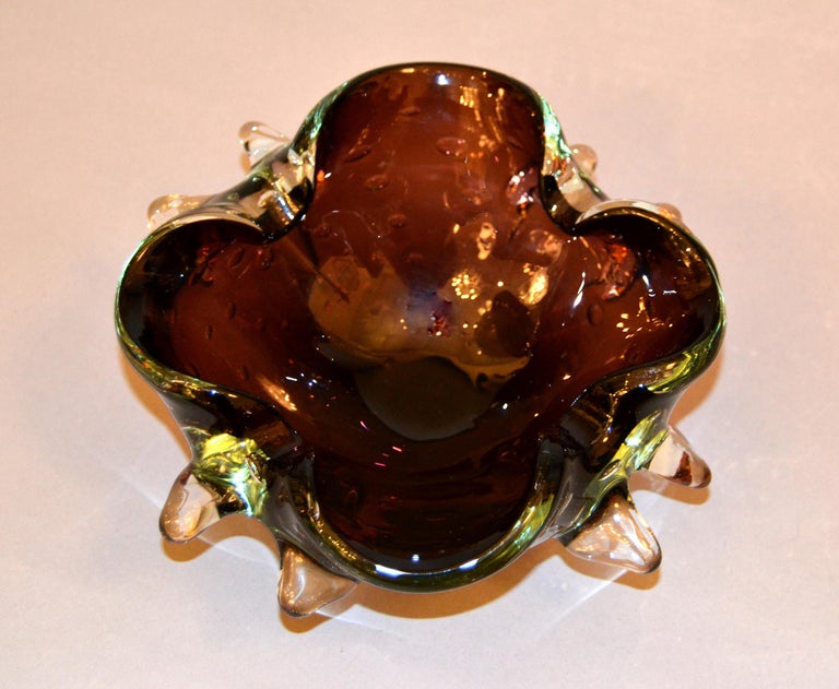 Murano Glass Murano Art Glass Freeform Brown, Clear & Green Blown Glass Catchall, Bowl Italy