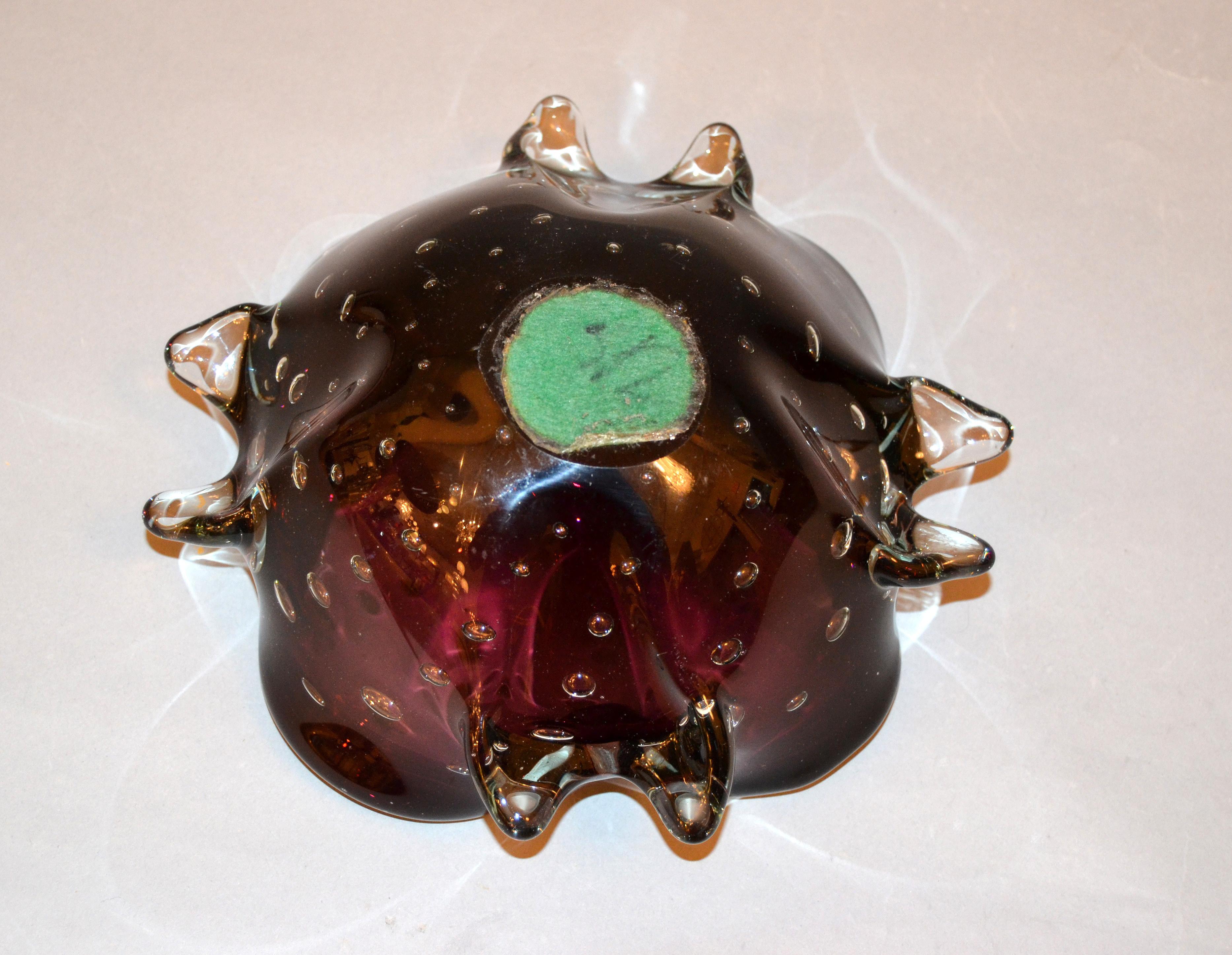 Murano Art Glass Freeform Brown, Clear & Green Blown Glass Catchall, Bowl Italy 1