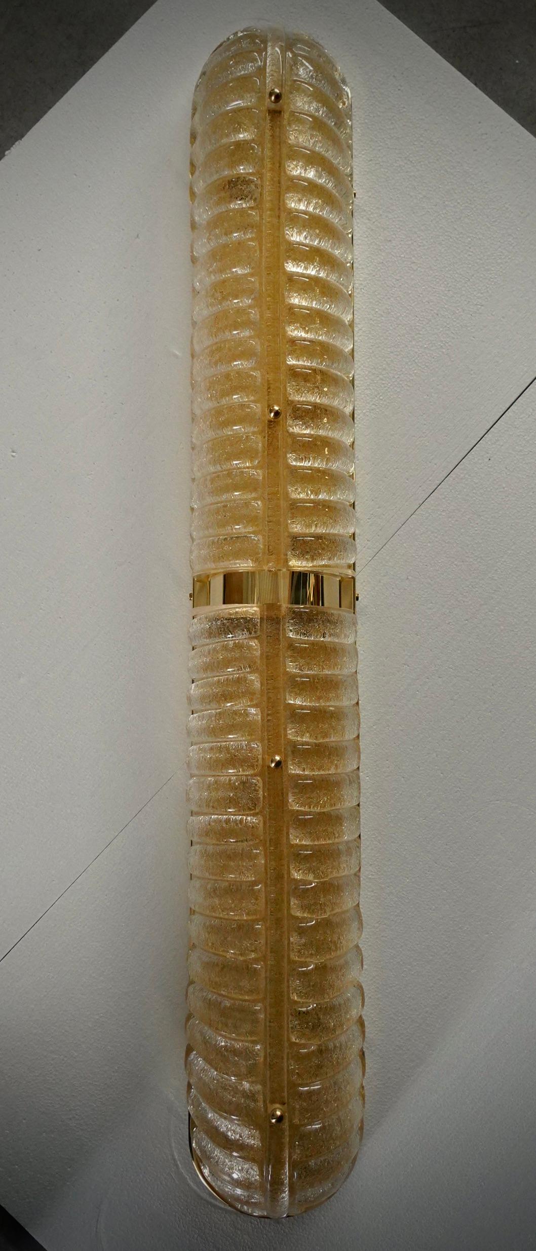 Bellissima e importante applique in vetro di Murano dalla forma particolare e dal design molto ricco.

L'applique è composta da una struttura posteriore in ottone, che sostiene due bellissime piastrelle a forma di foglia in vetro di Murano dal