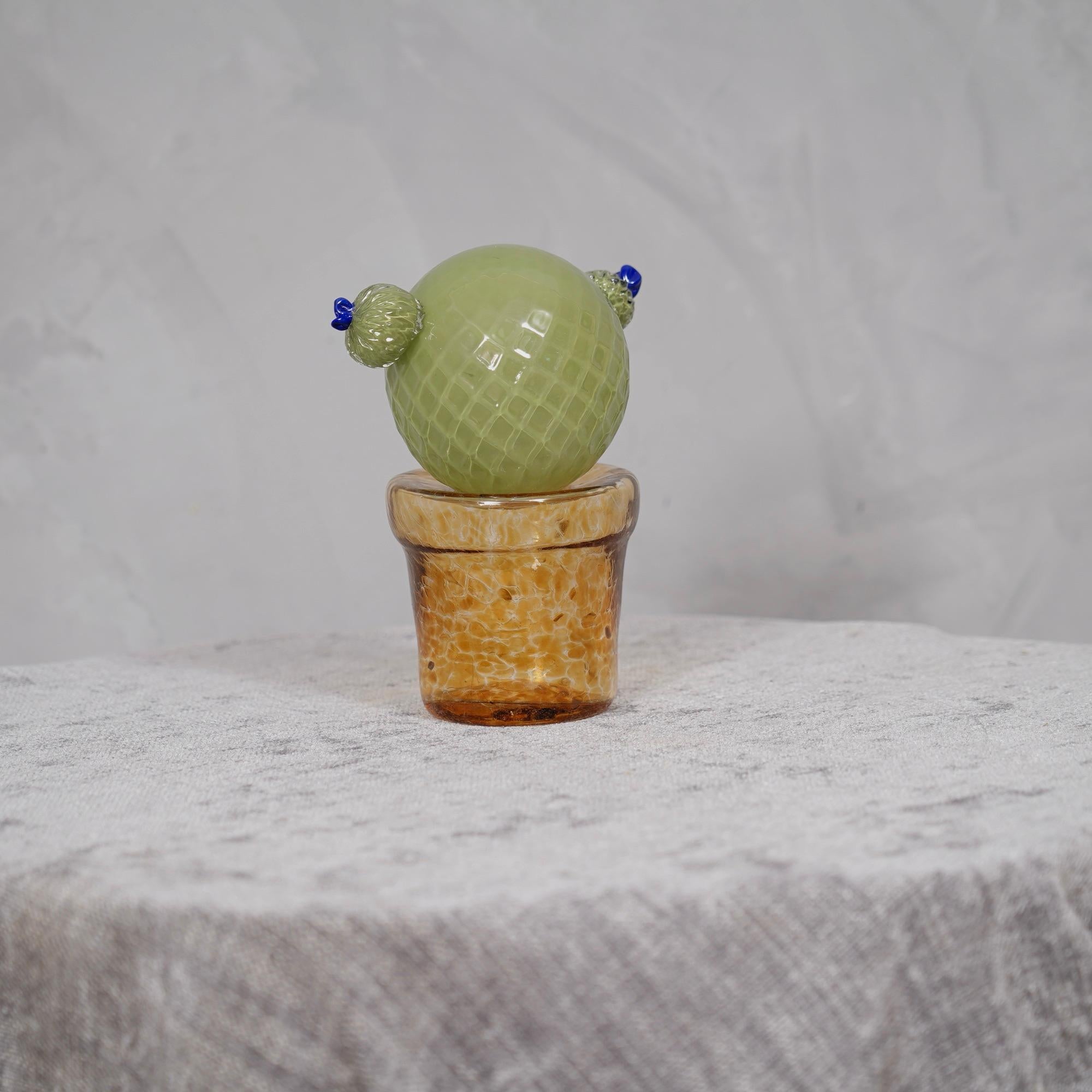 Mid-Century Modern Murano Art Glass Green and Amber Cactus Plant, 1990 For Sale