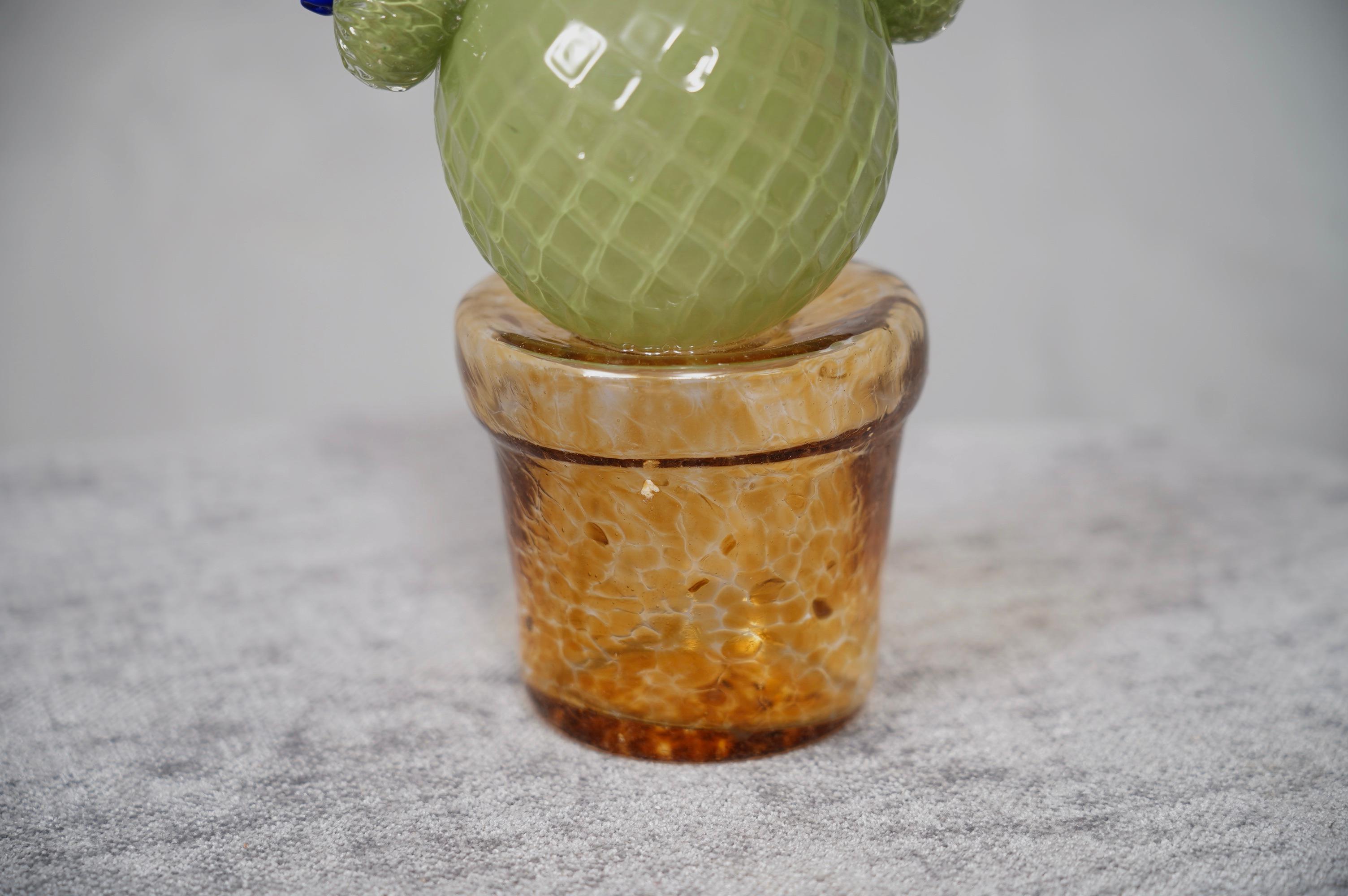 Late 20th Century Murano Art Glass Green and Amber Cactus Plant, 1990 For Sale