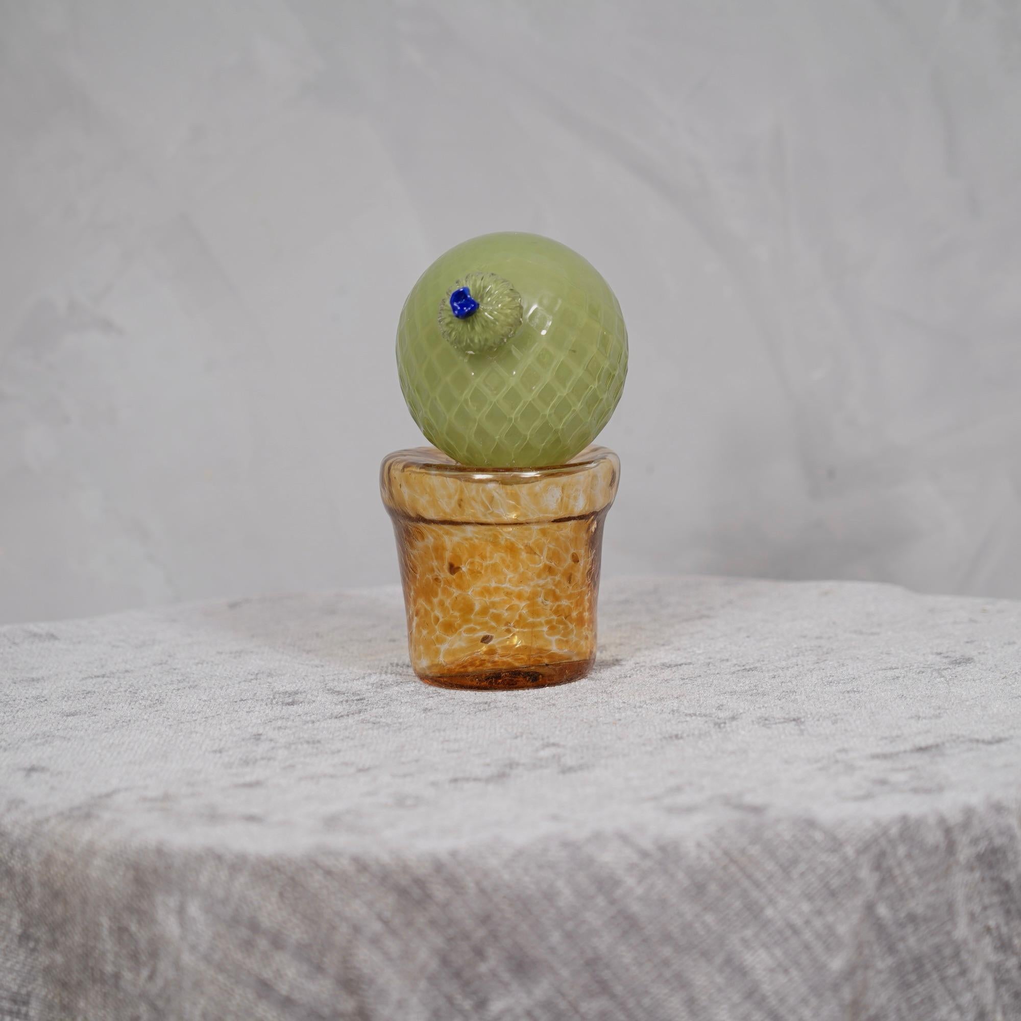 Late 20th Century Murano Art Glass Green and Amber Cactus Plant, 1990 For Sale