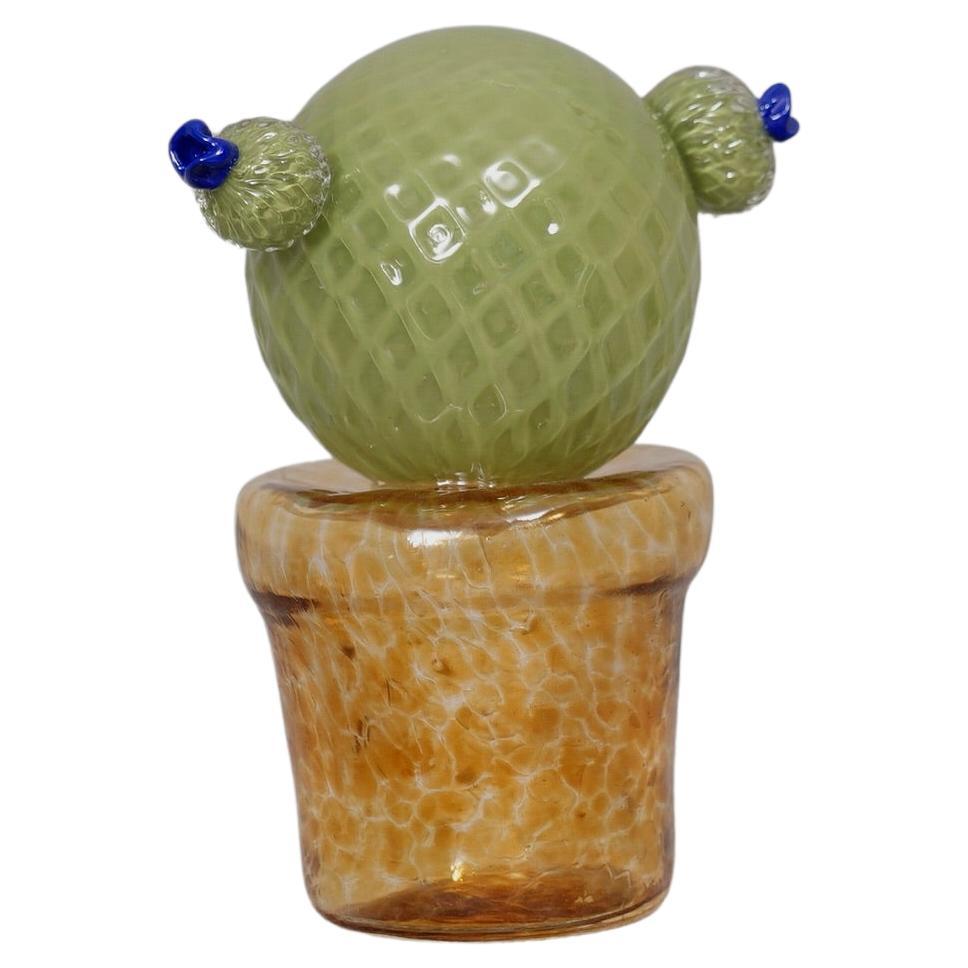 Murano Art Glass Green and Amber Cactus Plant, 1990 For Sale
