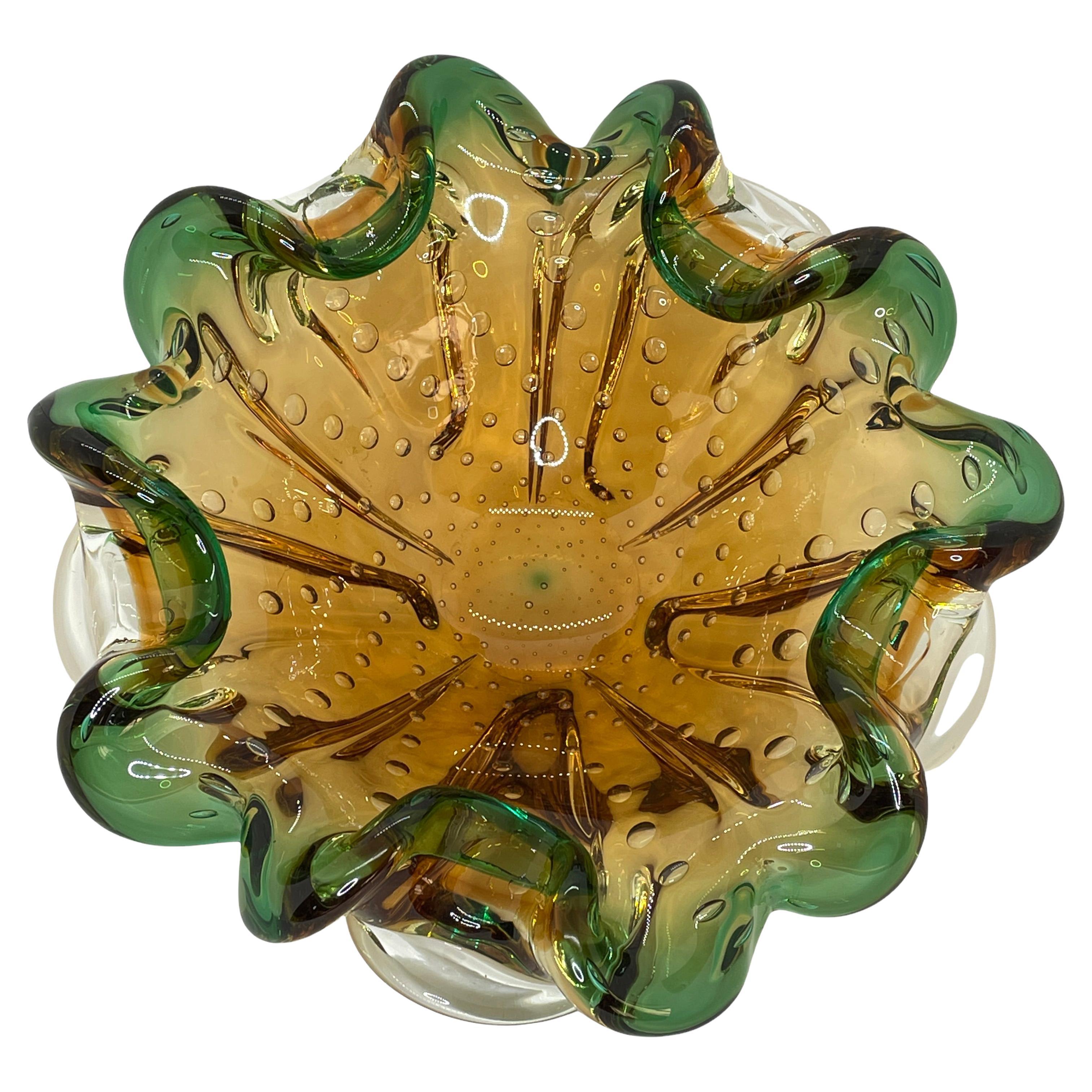 Murano Art Glass Green and Amber Fruit Bowl Catchall Italy, Sommerso, 1970s
