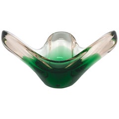 Vintage Murano Art Glass Green and Clear Bowl Catchall Italy, Sommerso, 1960s