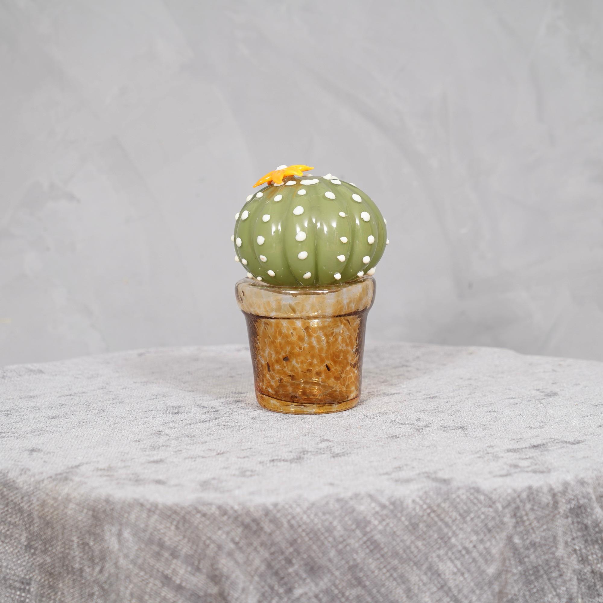 Italian Murano Art Glass Green and Orange Cactus Plant, 1990 For Sale