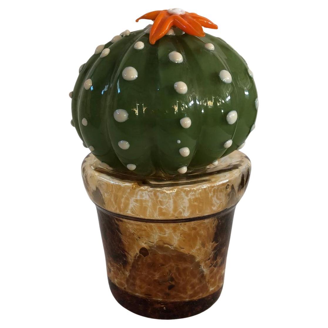 Murano Art Glass Green and Orange Cactus Plant, 1990 For Sale