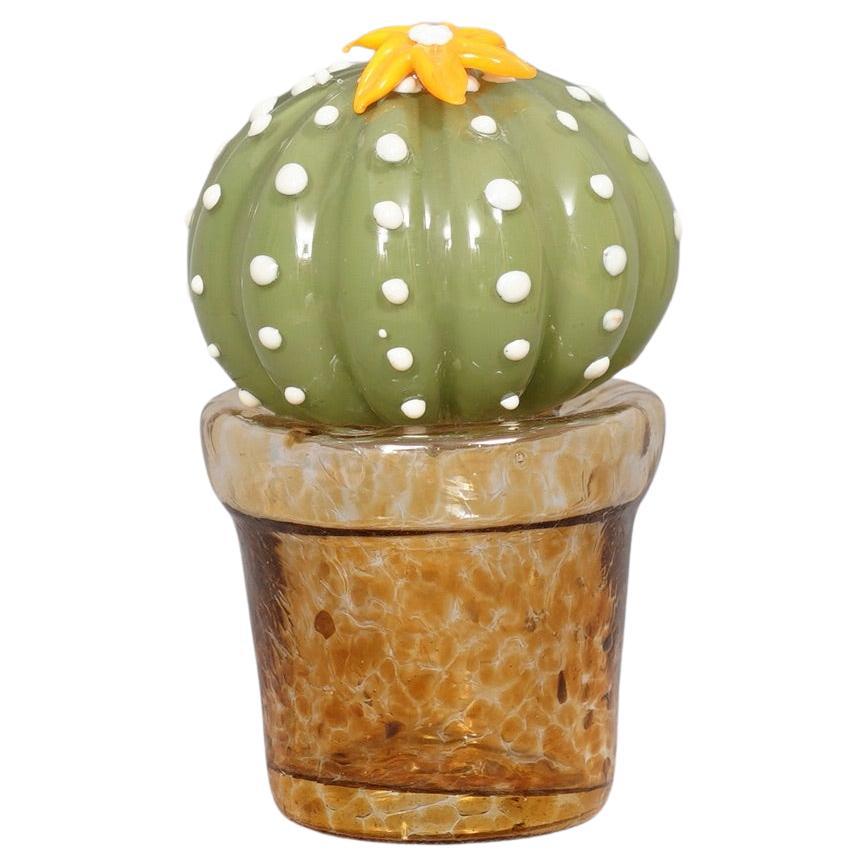 Pianta di cactus in vetro artistico di Murano, verde e arancione, 1990
