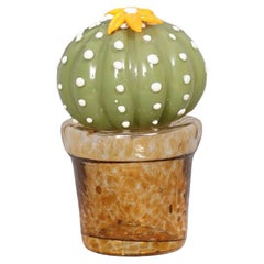 Pianta di cactus in vetro artistico di Murano, verde e arancione, 1990