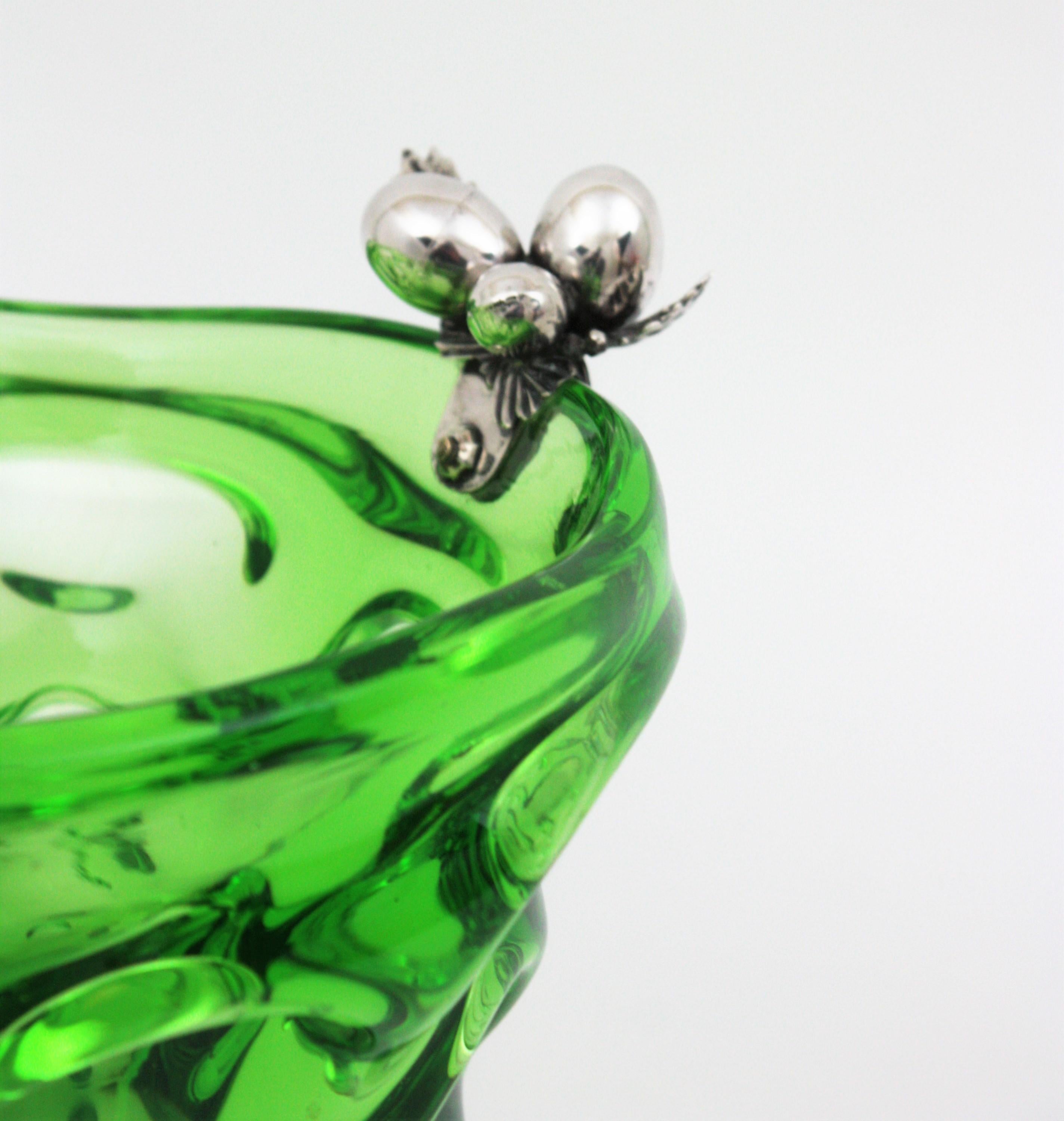 Murano Art Glass Green Centerpiece Vase with Sterling Silver Fruits Detail 4