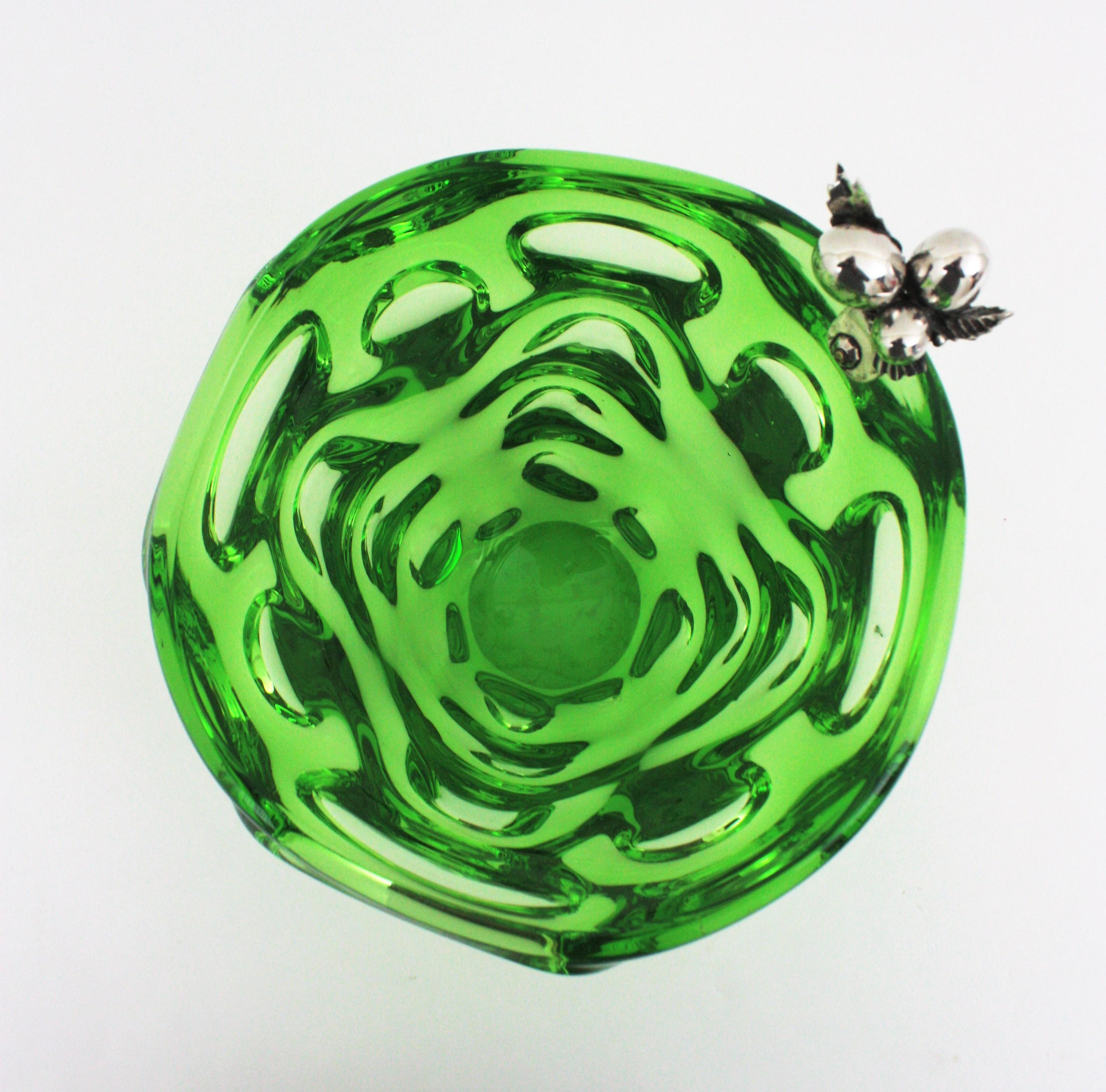 Murano Art Glass Green Centerpiece Vase with Sterling Silver Fruits Detail 5