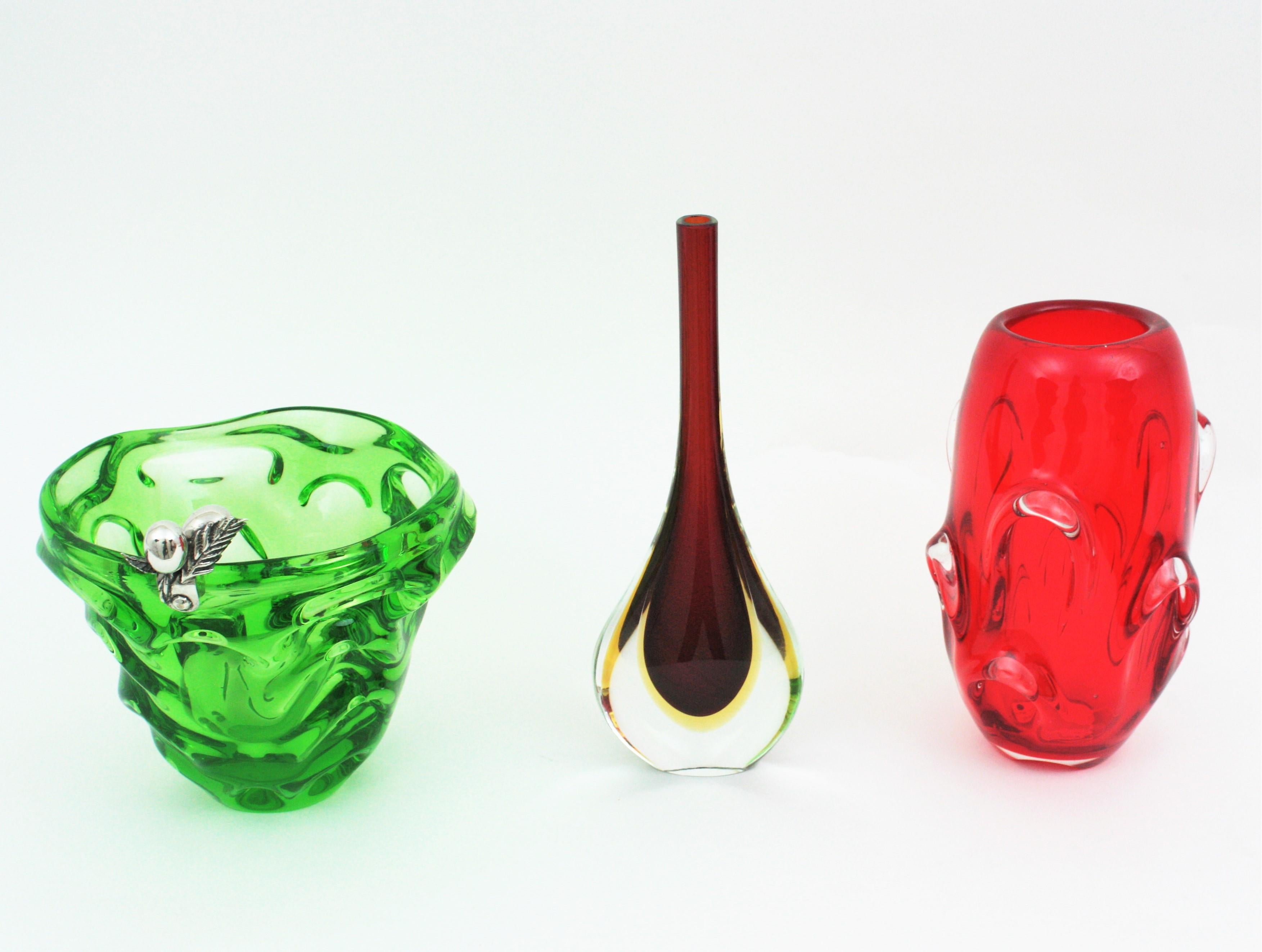 Murano Art Glass Green Centerpiece Vase with Sterling Silver Fruits Detail 6