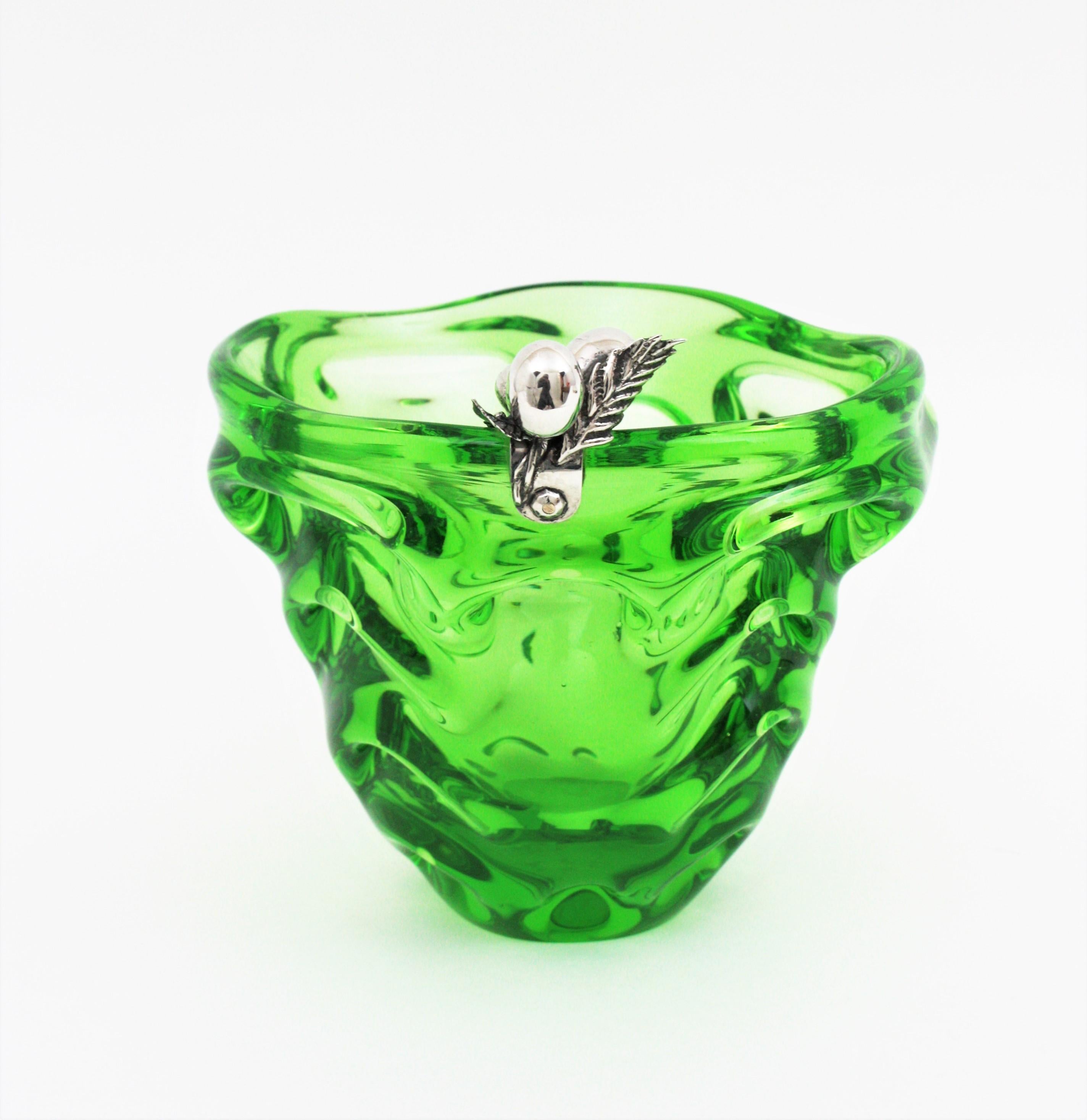 Mid-Century Modern Murano Art Glass Green Centerpiece Vase with Sterling Silver Fruits Detail