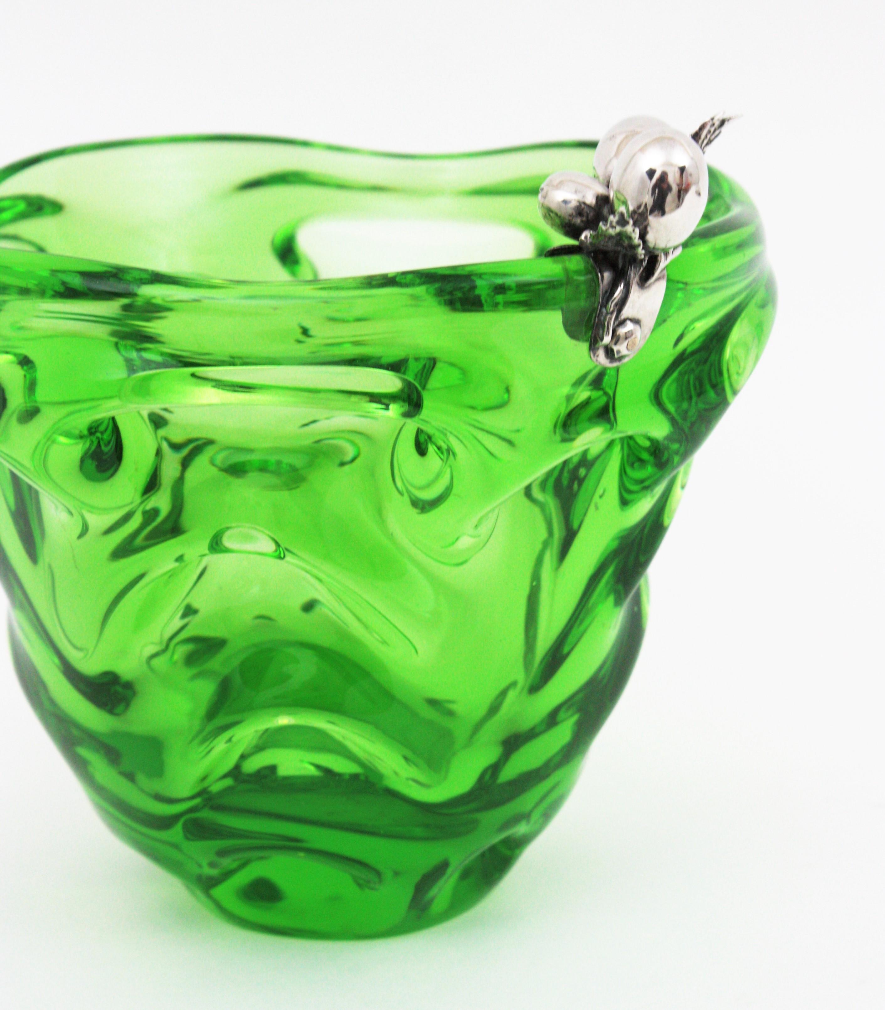 Italian Murano Art Glass Green Centerpiece Vase with Sterling Silver Fruits Detail