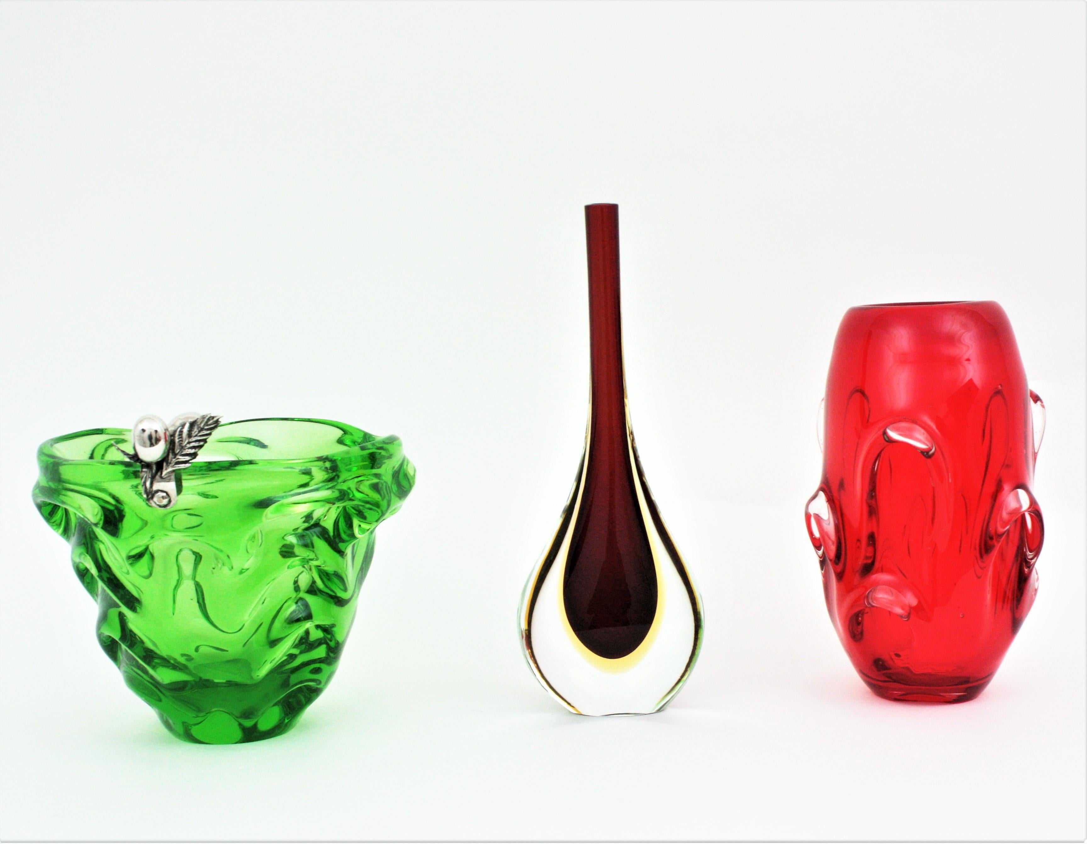 Hand-Crafted Murano Art Glass Green Centerpiece Vase with Sterling Silver Fruits Detail