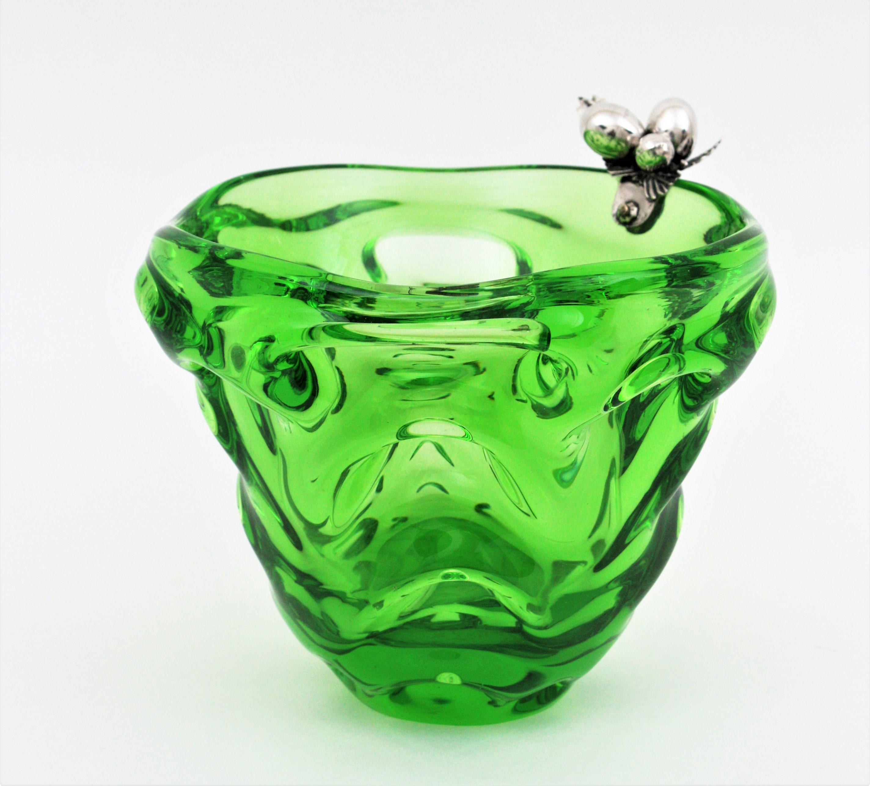 20th Century Murano Art Glass Green Centerpiece Vase with Sterling Silver Fruits Detail