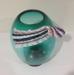 Murano Art Glass Green Vase with Applied Ribbon Cane in Red White and Blue