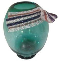 Murano Art Glass Green Vase with Applied Ribbon Cane in Red White and Blue